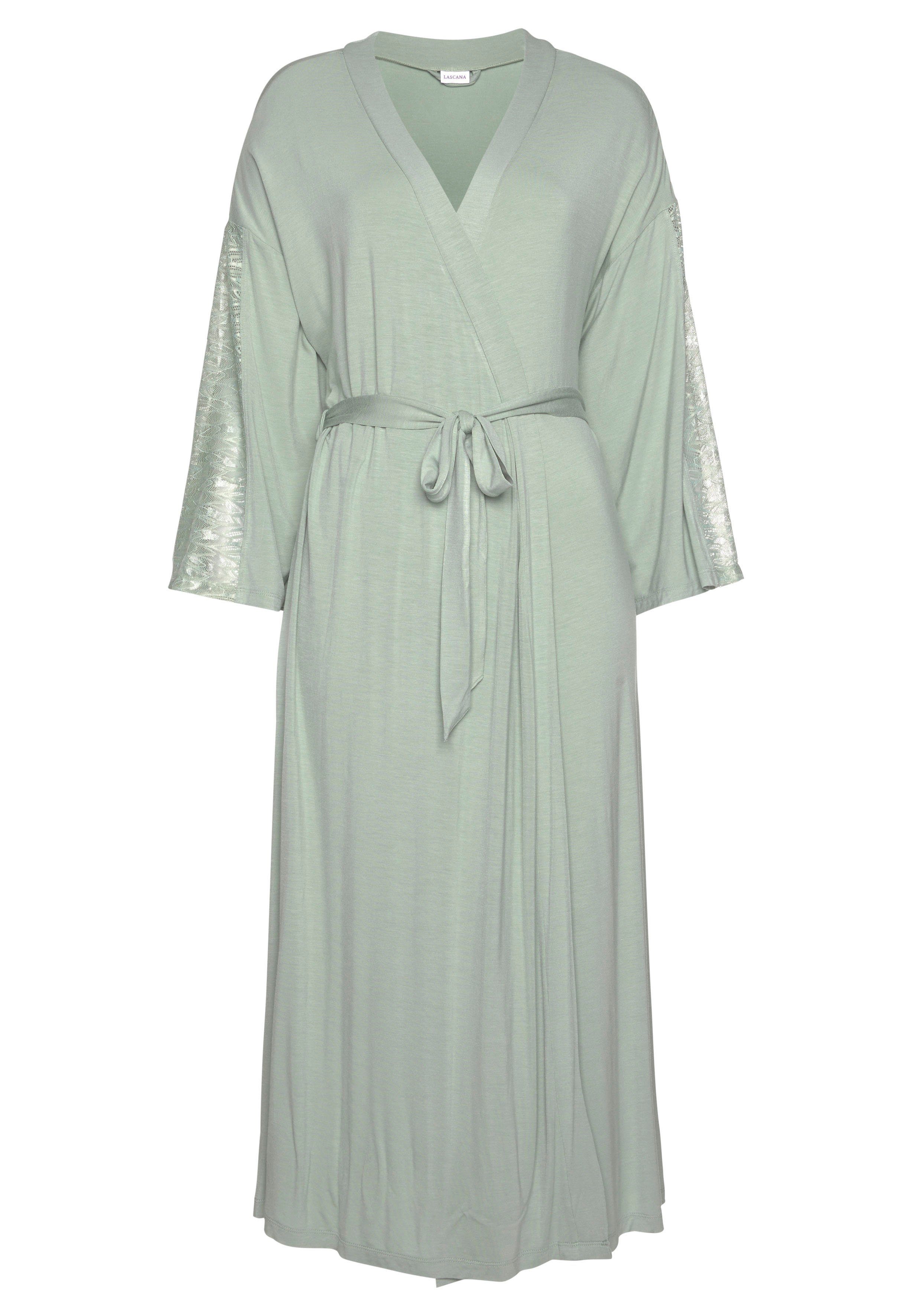 LASCANA Kimono, Langform, Single-Jersey, mit jade Spitzendetails Gürtel
