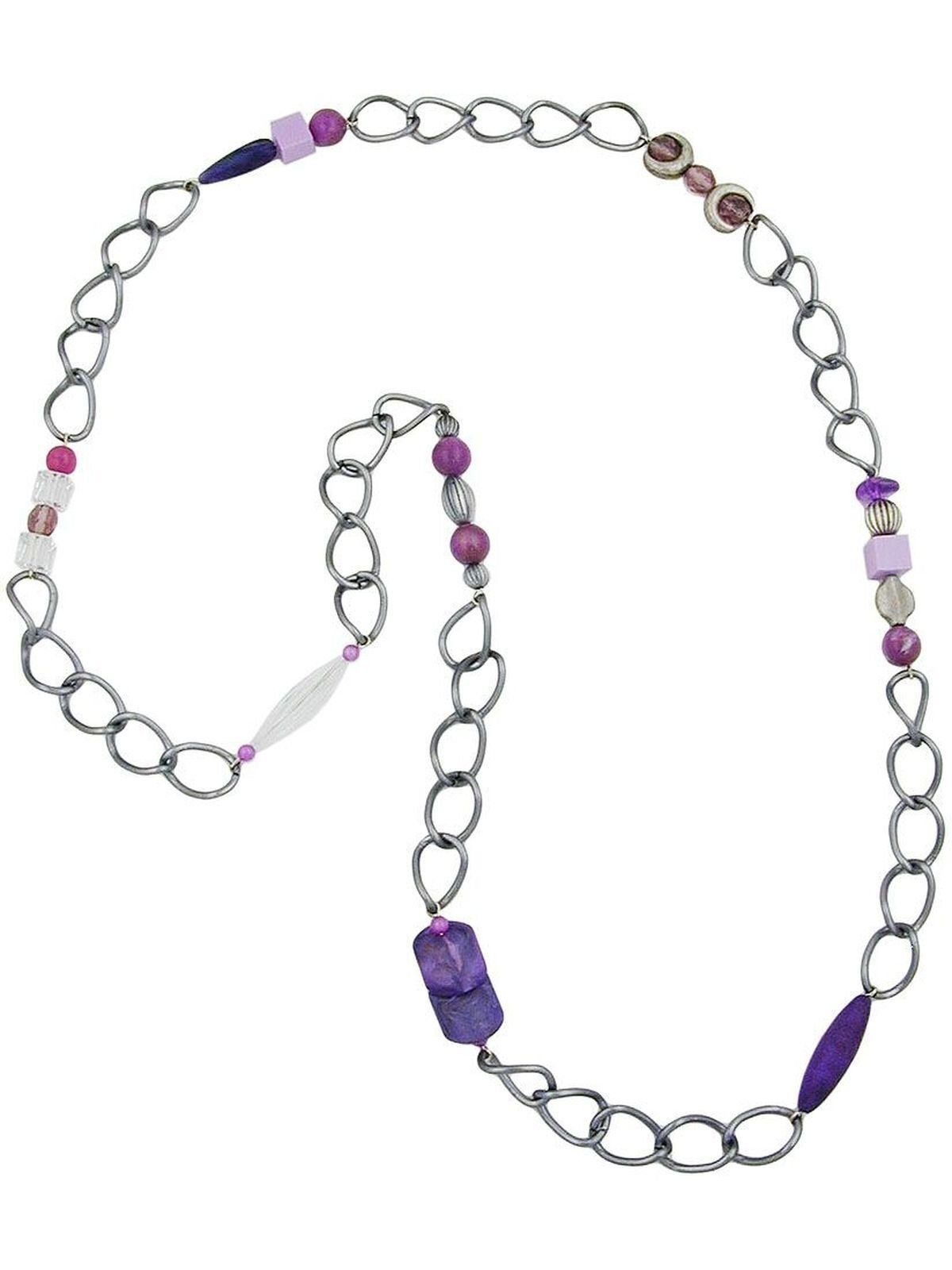 Gallay Perlenkette Kunststoffperlen lila kristall Weitpanzerkette altsilberfarben Aluminium 95cm dunkelgrau
