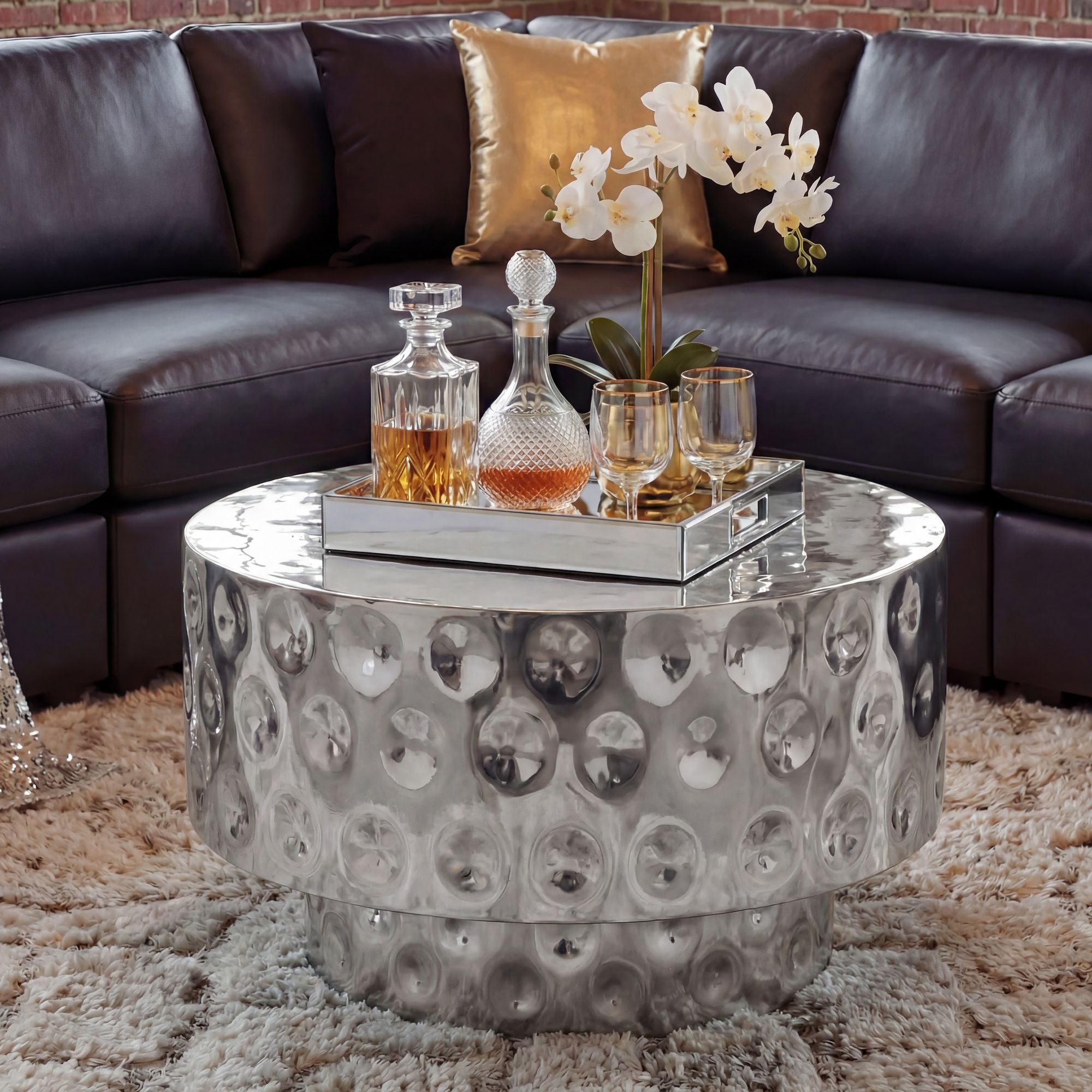 FINEBUY Couchtisch FB77624 Sofatisch Wohnzimmertisch Aluminium rund 60cm Beistelltisch (Stilvoller Kaffeetisch in edler Trommelform), Pflegeleichter Ablagetisch fertig montiert