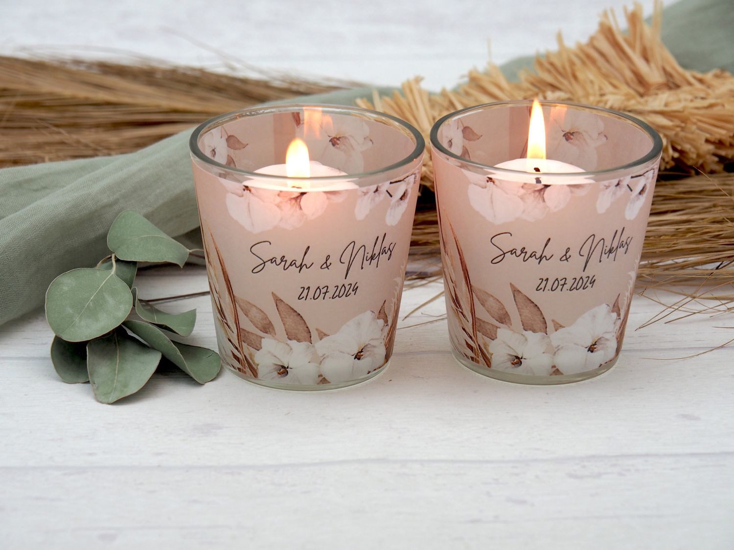 ZauberDeko Teelichthalter Windlicht Banderole Boho Gräser Hochzeit MIT NAMEN Personalisiert