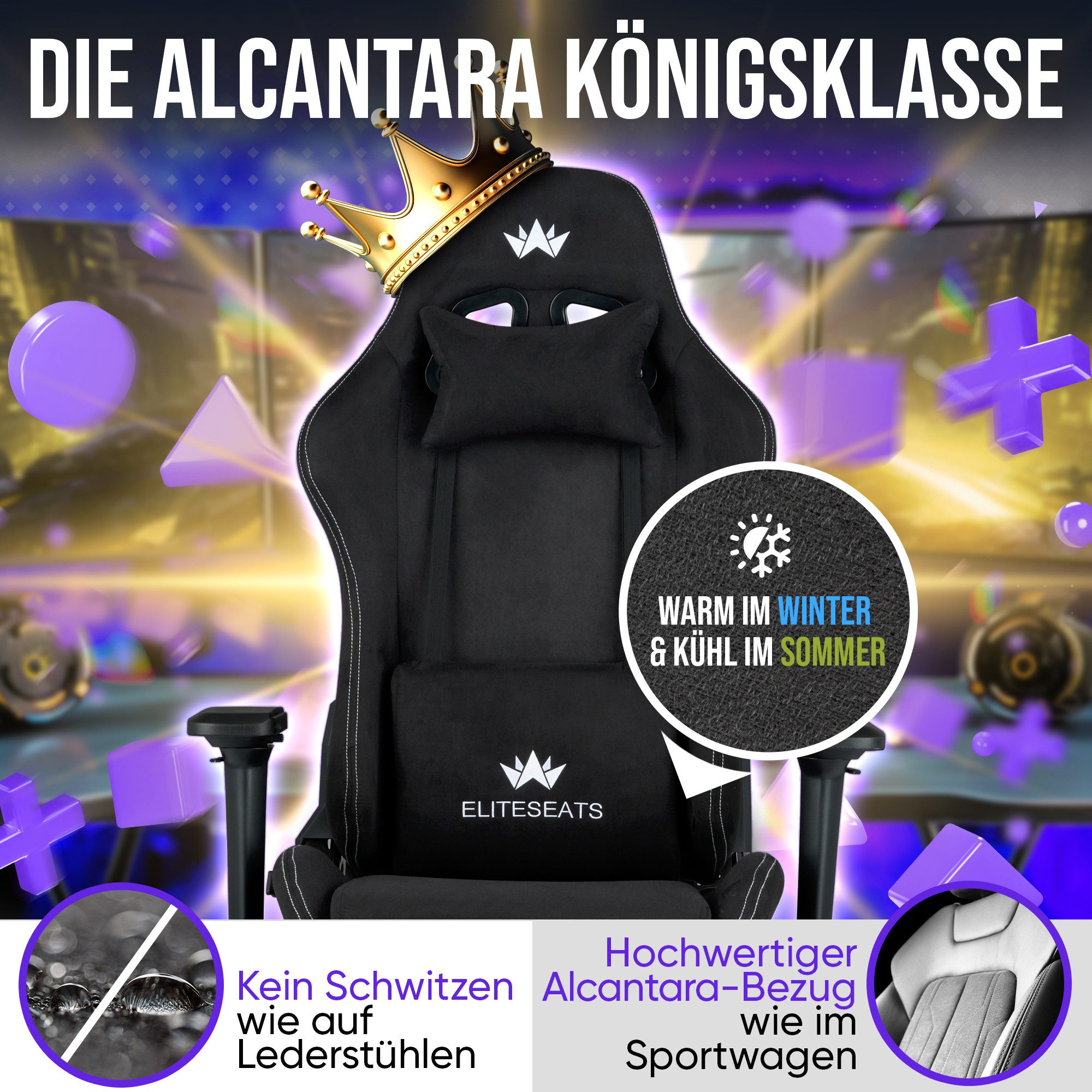 ELITESEATS Gaming-Stuhl Ergonomisch [TESTSIEGER] Kratzerfreie Rollen Atmungsaktiv (Gaming Sessel mit 4D-Armlehnen, Fußstütze), Ergonomischer Schreibtischstuhl 150 kg Belastbarkeit, Bürostuhl