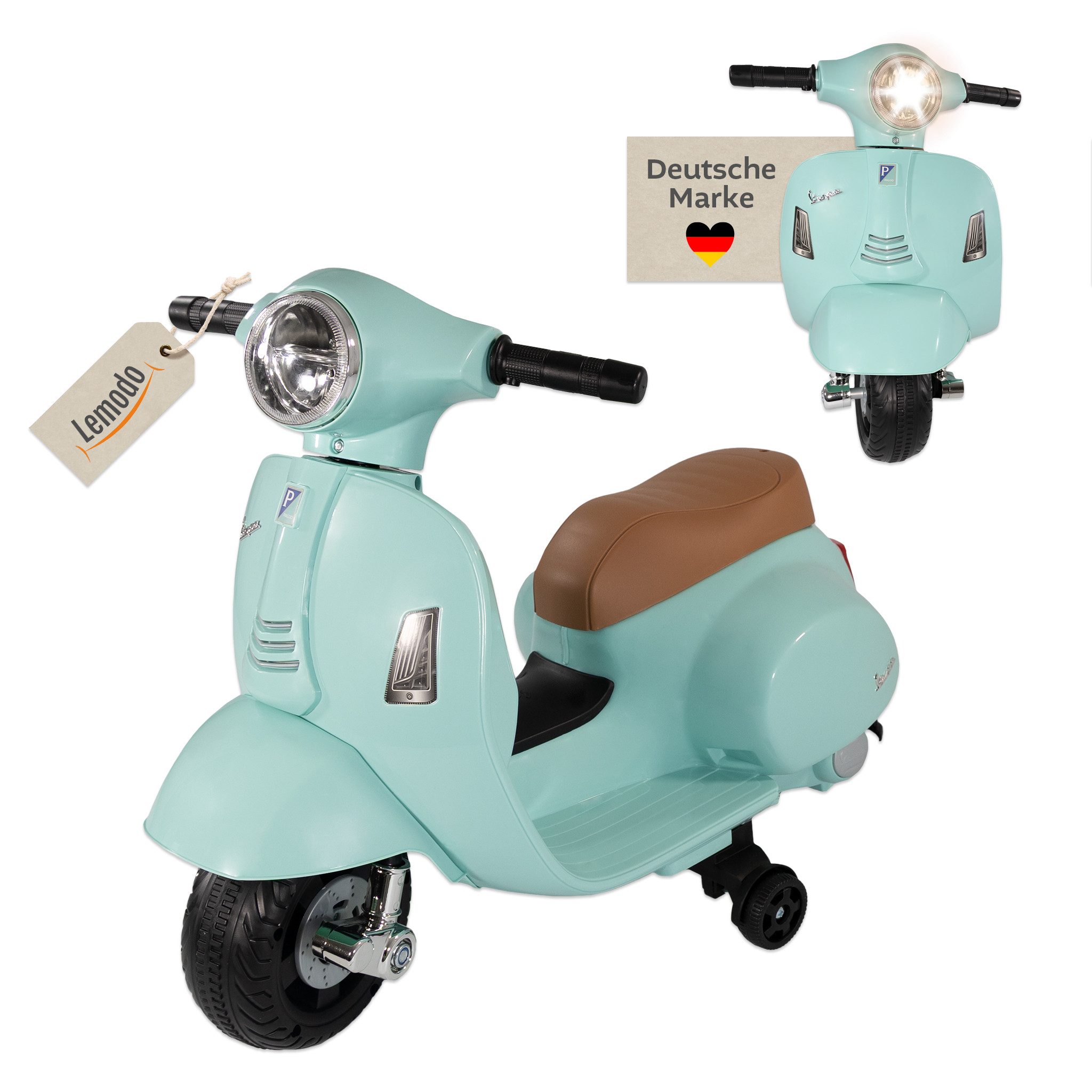 Lemodo Elektro-Kinderroller VESPA mit abnehmbaren Stützrädern, Elektromotorrad