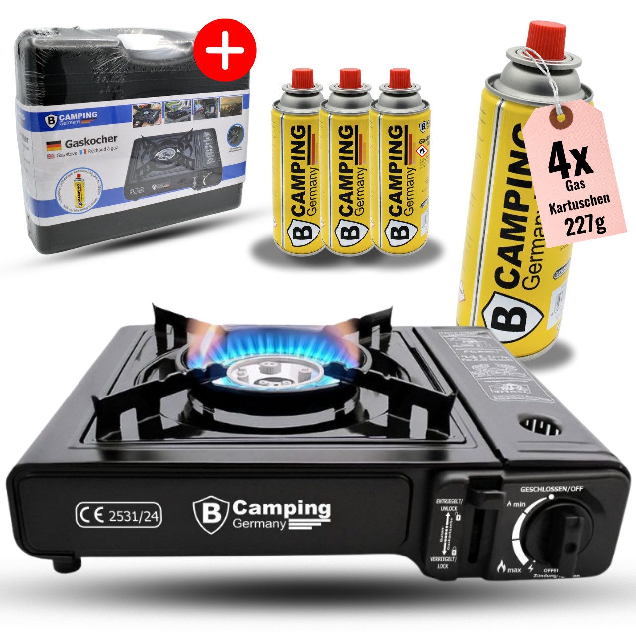 bahama Gaskocher inkl. 227g Gaskartuschen mobiler Kocher für Campingkocher Outdoor, (4-St), Kartuschenkocher mit 4x Gaskartuschem 1-flammig + Trage-Koffer Gasherd