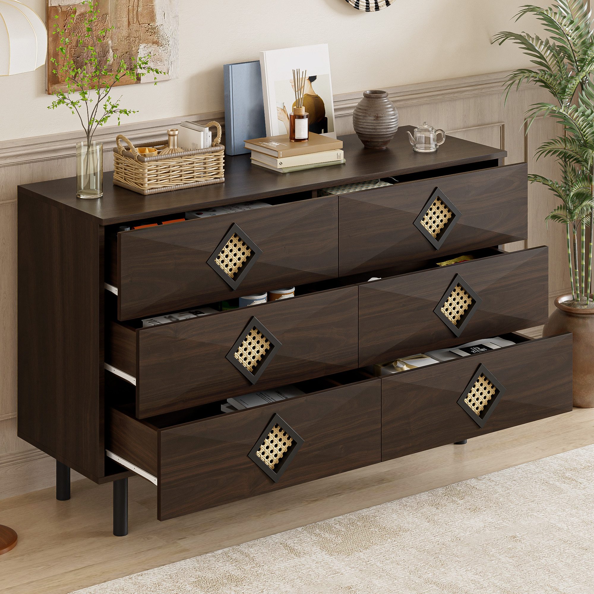 Merax Sideboard Aufbewahrungsschrank Anrichte mit Rattan-Griffen günstig online kaufen