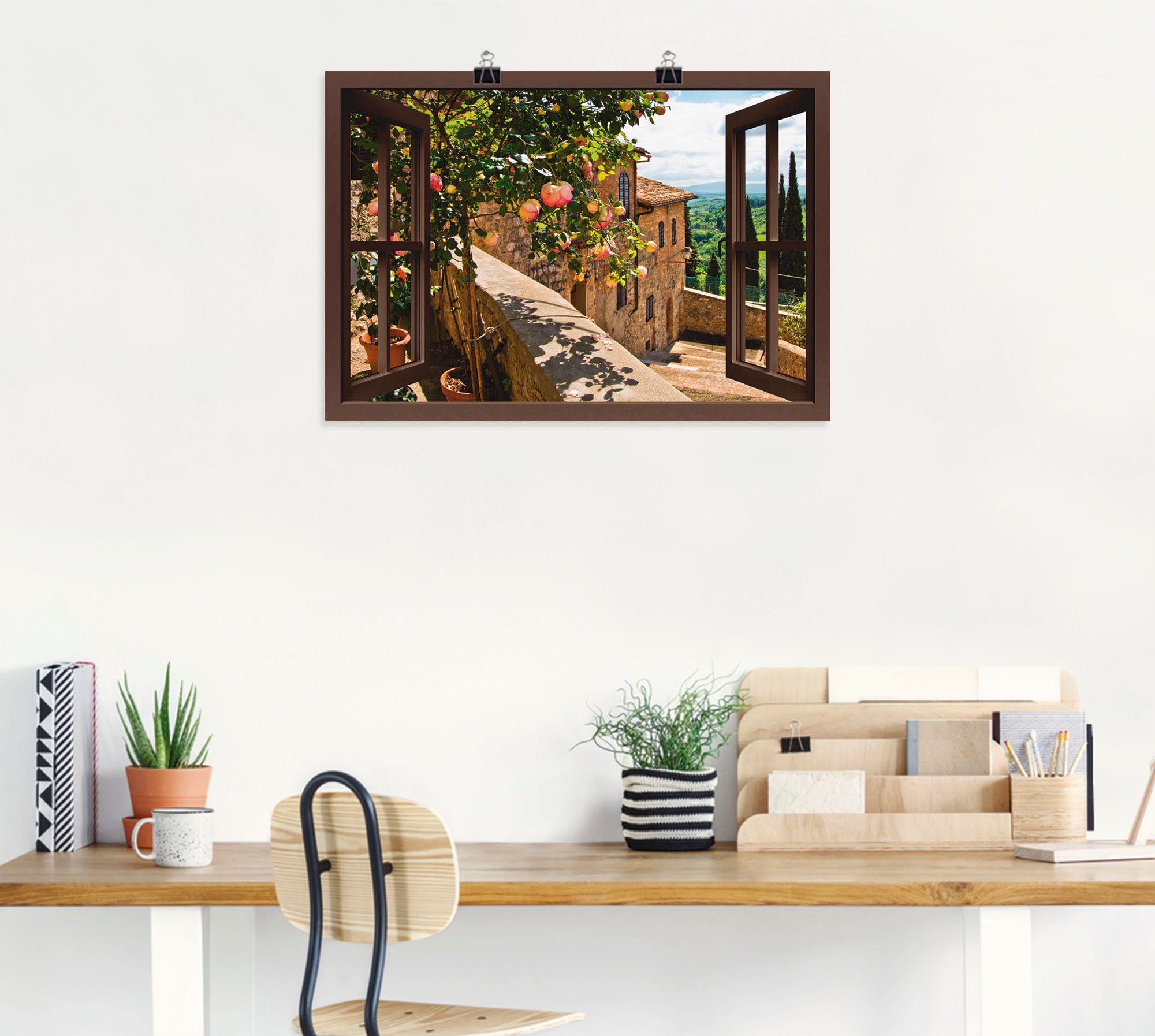 Artland Wandbild Rosen Fensterblick versch. St), als Wandaufkleber (1 Alubild, in auf Leinwandbild, Poster Garten Größen Balkon oder Toskana