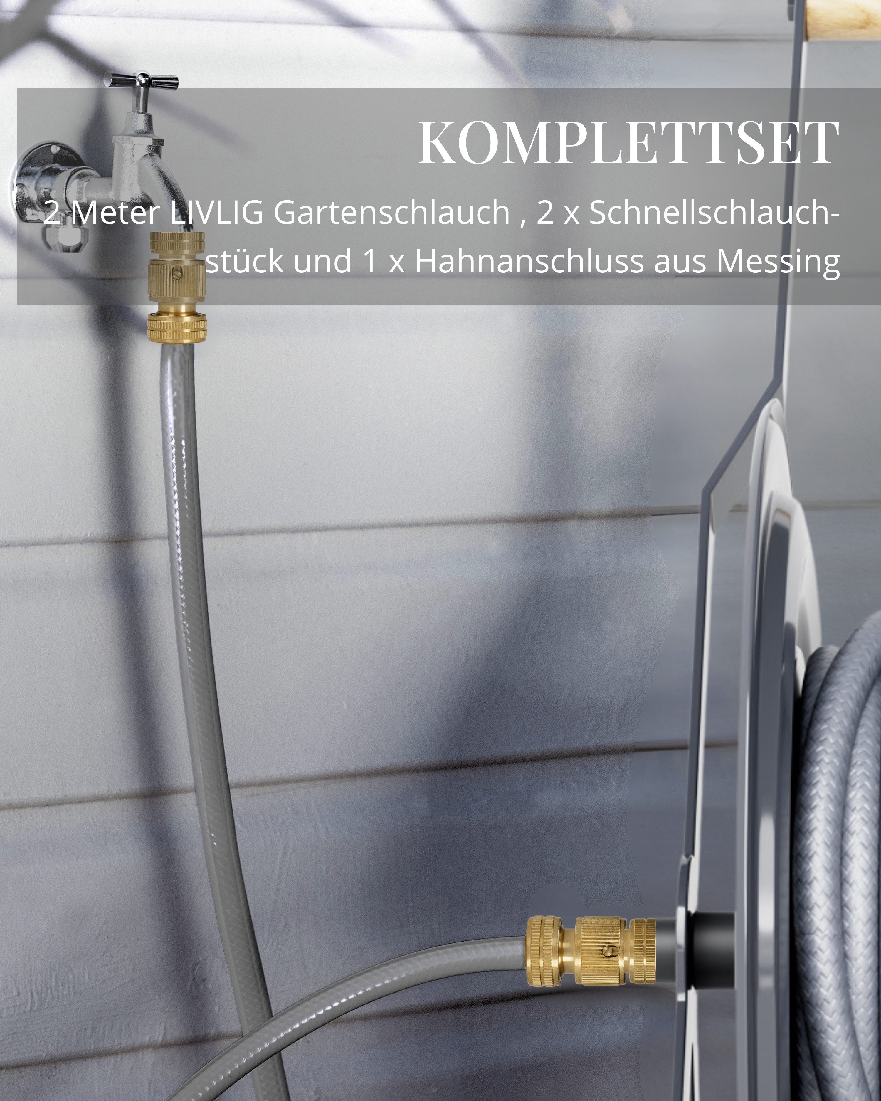 LIVLIG Gartenschlauch 2m Anschlussgarnitur 1/2 Zoll für Schlauchwagen & Schlauchtrommel, erhältlich mit Messing oder Kunststoff Anschlüssen, recyceltes Material, UV-beständig, wetterfest, Klicksystem