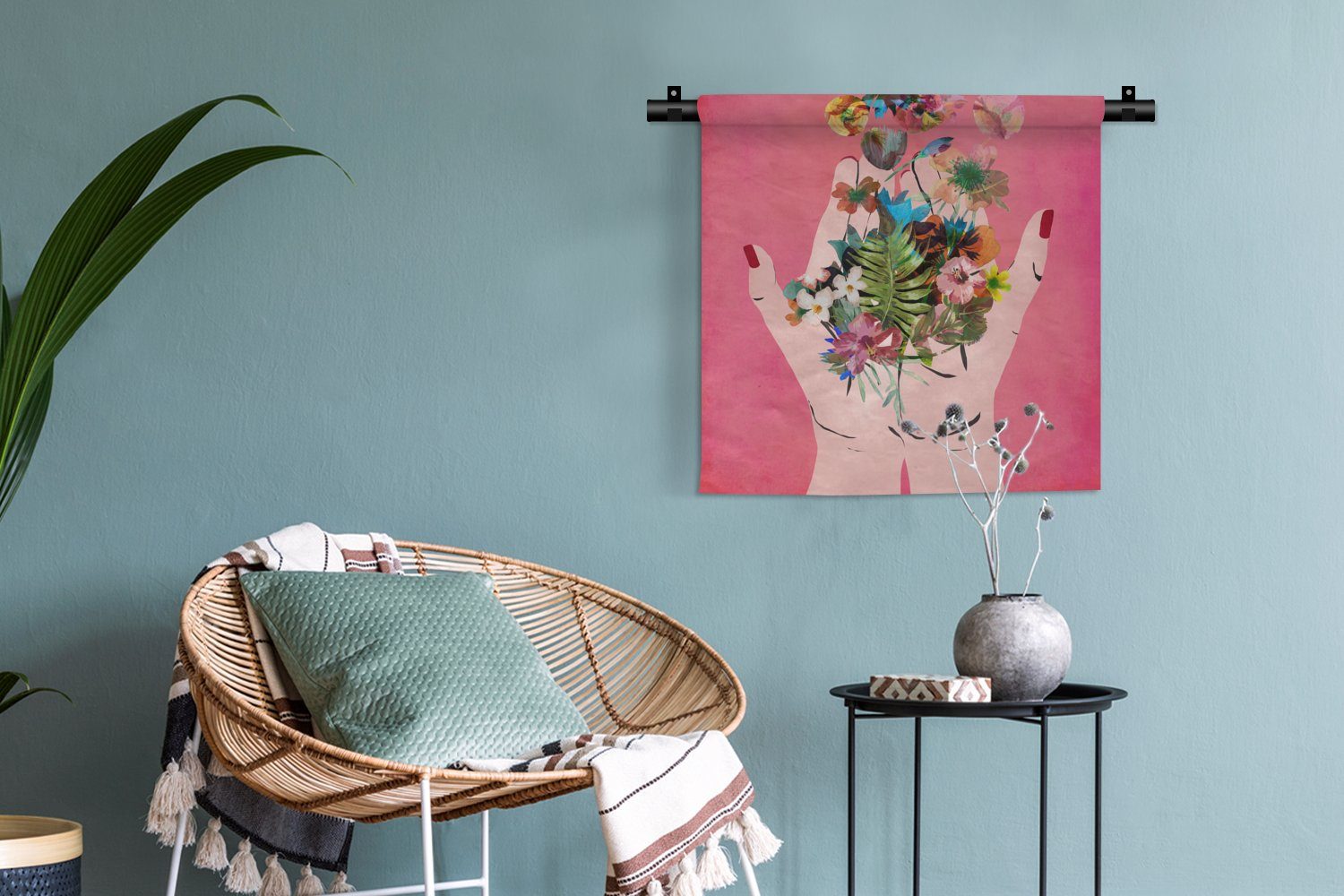 Rosa Blumen für Kleid, Abstrakt Wanddekoobjekt Kinderzimmer MuchoWow Schlafzimmer, Wandbehang, Kunst, - - Wohnzimmer, - Wanddeko