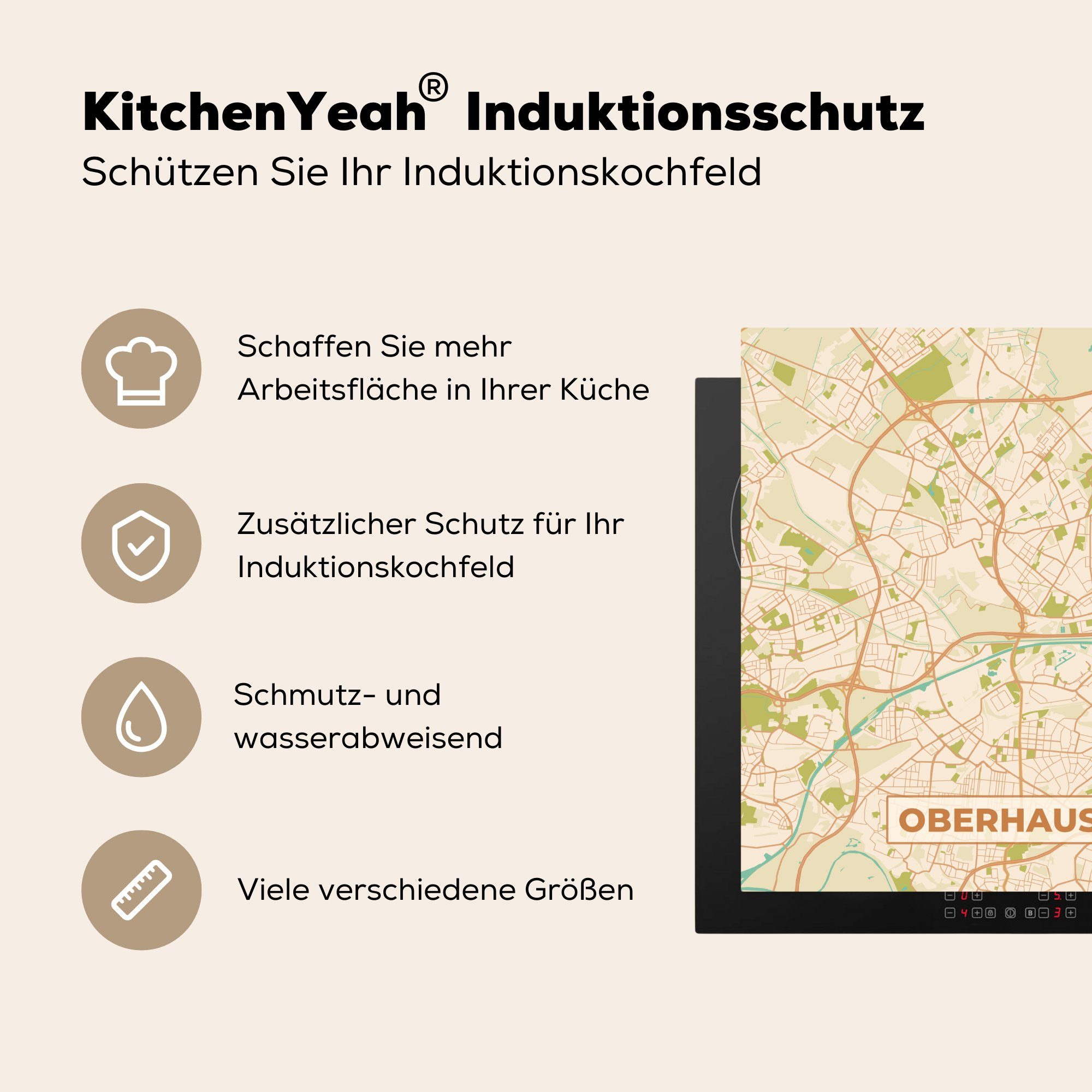 MuchoWow Herdblende-/Abdeckplatte cm, küche Ceranfeldabdeckung, - Vintage für Arbeitsplatte Karte Vinyl, tlg), Stadtplan Oberhausen Karte, - - - (1 78x78