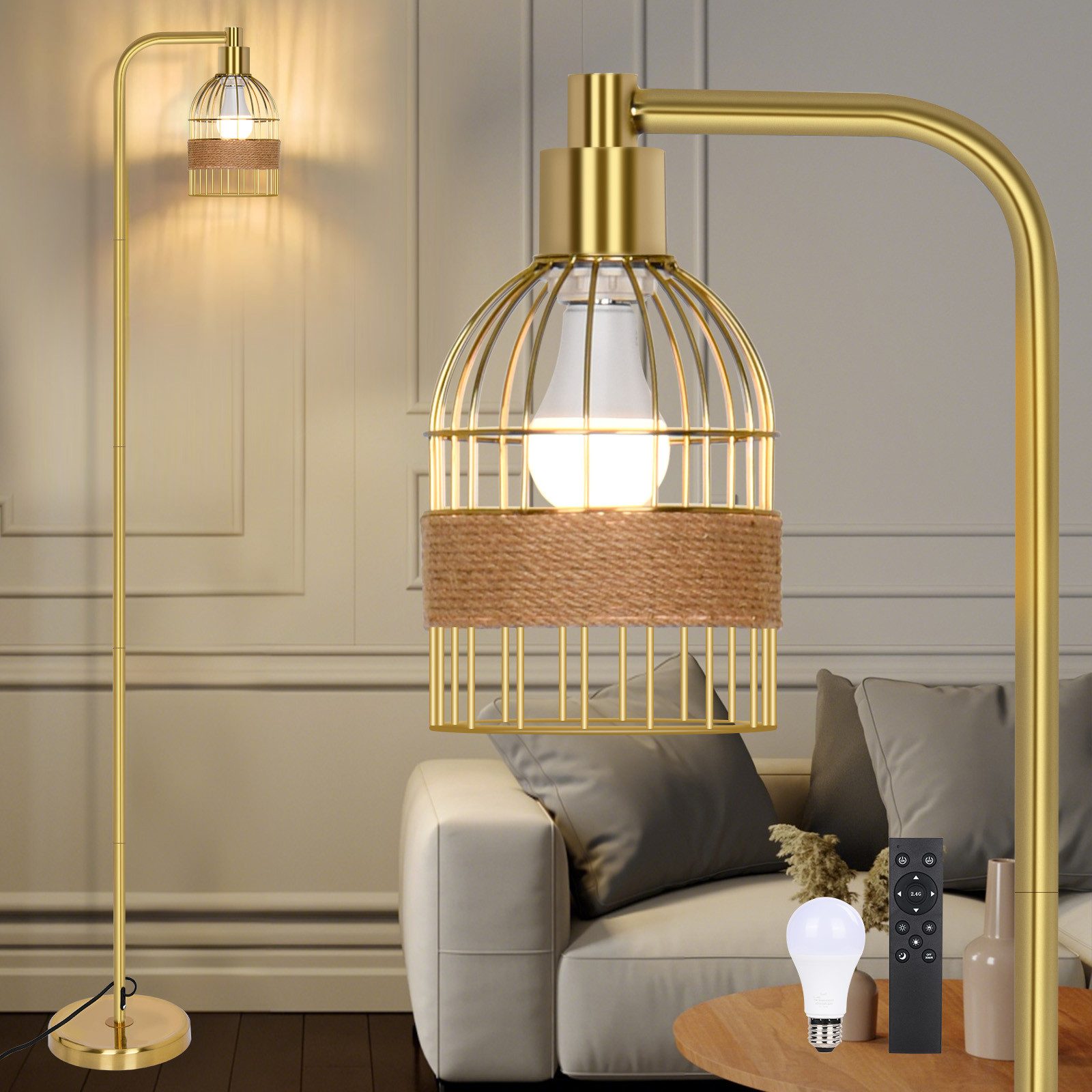 Jibenhome LED Stehlampe Gold Stehlampe,Industrielle Stehleuchte mit Glühbirne & Fernbedienung, LED fest integriert, Fußschalter,3 Farbtemperaturen,10 Stufen dimmbar