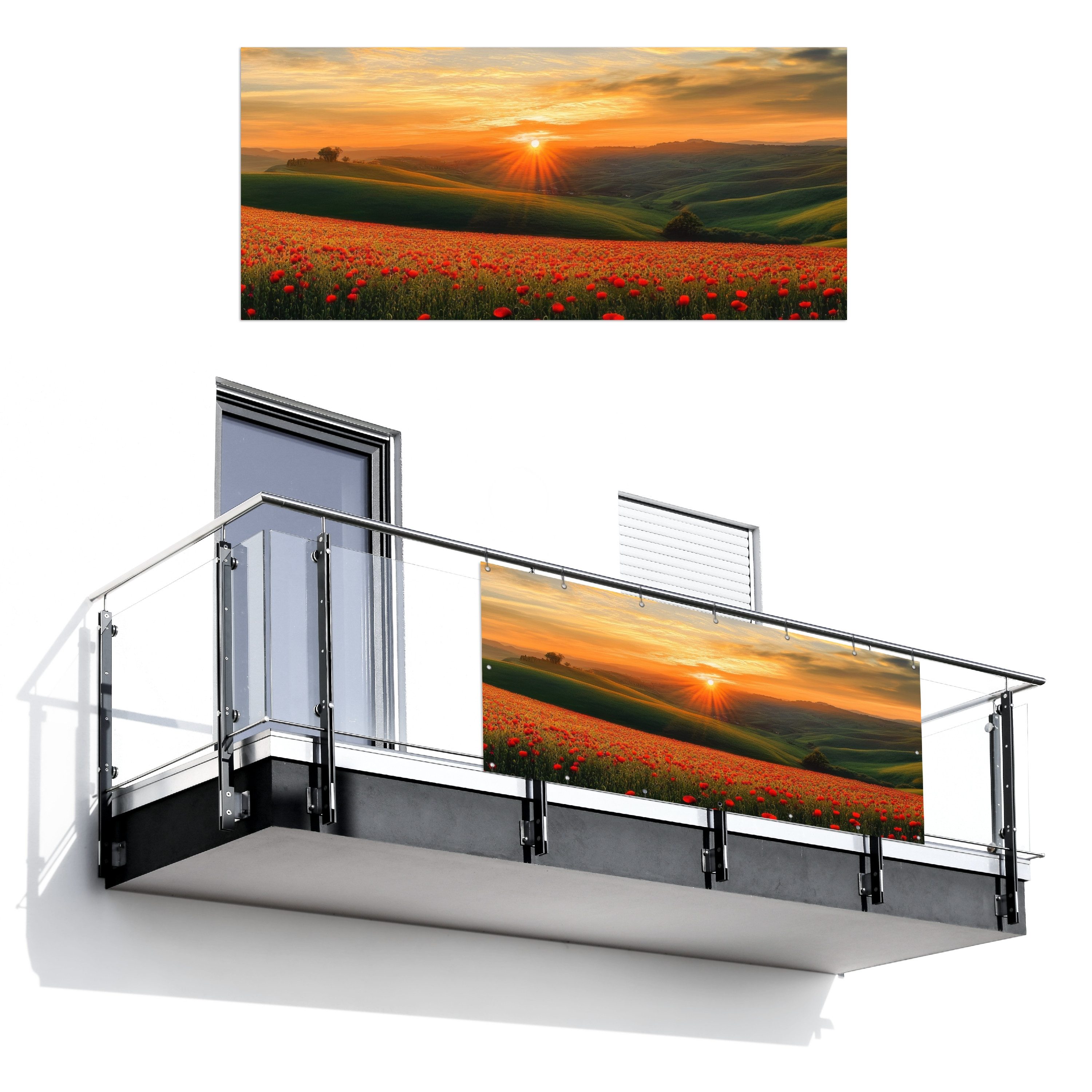 MuchoWow Balkonsichtschutz Mohnblumen - Blumen - Hügel - Sonnenuntergang (1-St) Balkon Sichtschutz 90x200, Windschutz für Zaun PVC, 200x90 cm