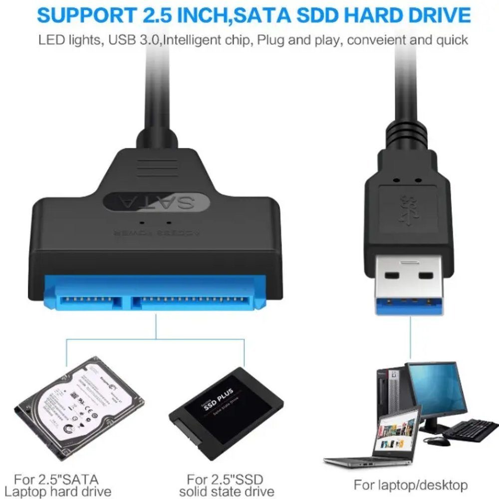 TradeNation USB 3.0 zu SATA Adapter Kabel für 2.5 Zoll HDD SSD Festplatten USB-Adapter SATA 22 Pin zu USB 3.0 Typ A, Plug & Play