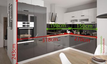 Feldmann-Wohnen Winkelküche Essen, 318cm weiß/graphit Hochglanz+weiß Hochglanz L-Form inkl. Arbeitsplatte