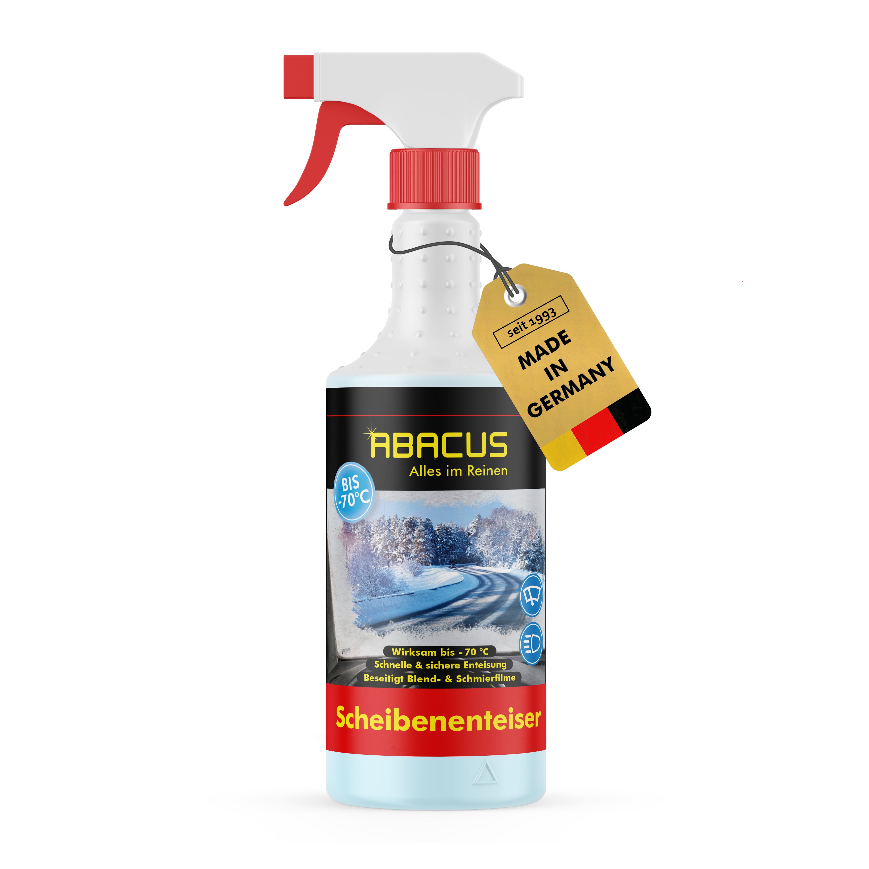 ABACUS Scheibenfrostschutz Scheibenenteiser Enteiserspray bis -70 °C, Sicher für alle Materialien, Lacke & Dichtungen, 1 St., Wirksam bis -70°C, Entfernt Eis im Handumdrehen