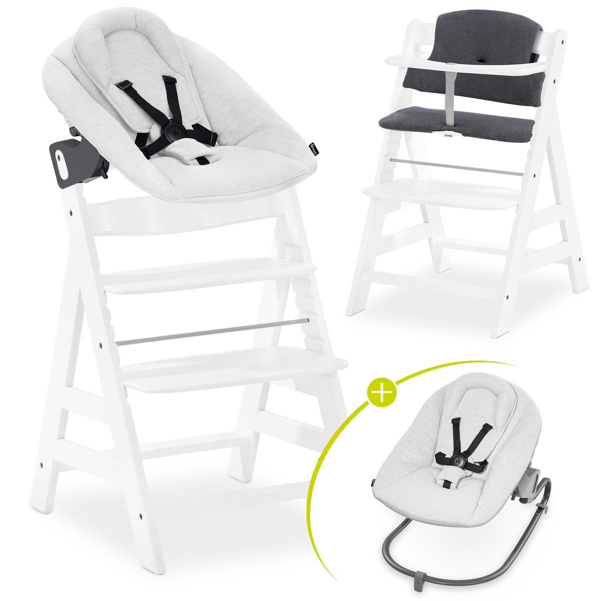 Hauck Hochstuhl Alpha Plus Newborn Set - White, Holz Babyhochstuhl ab Geburt inkl. Neugeborenen Aufsatz & Sitzpolster