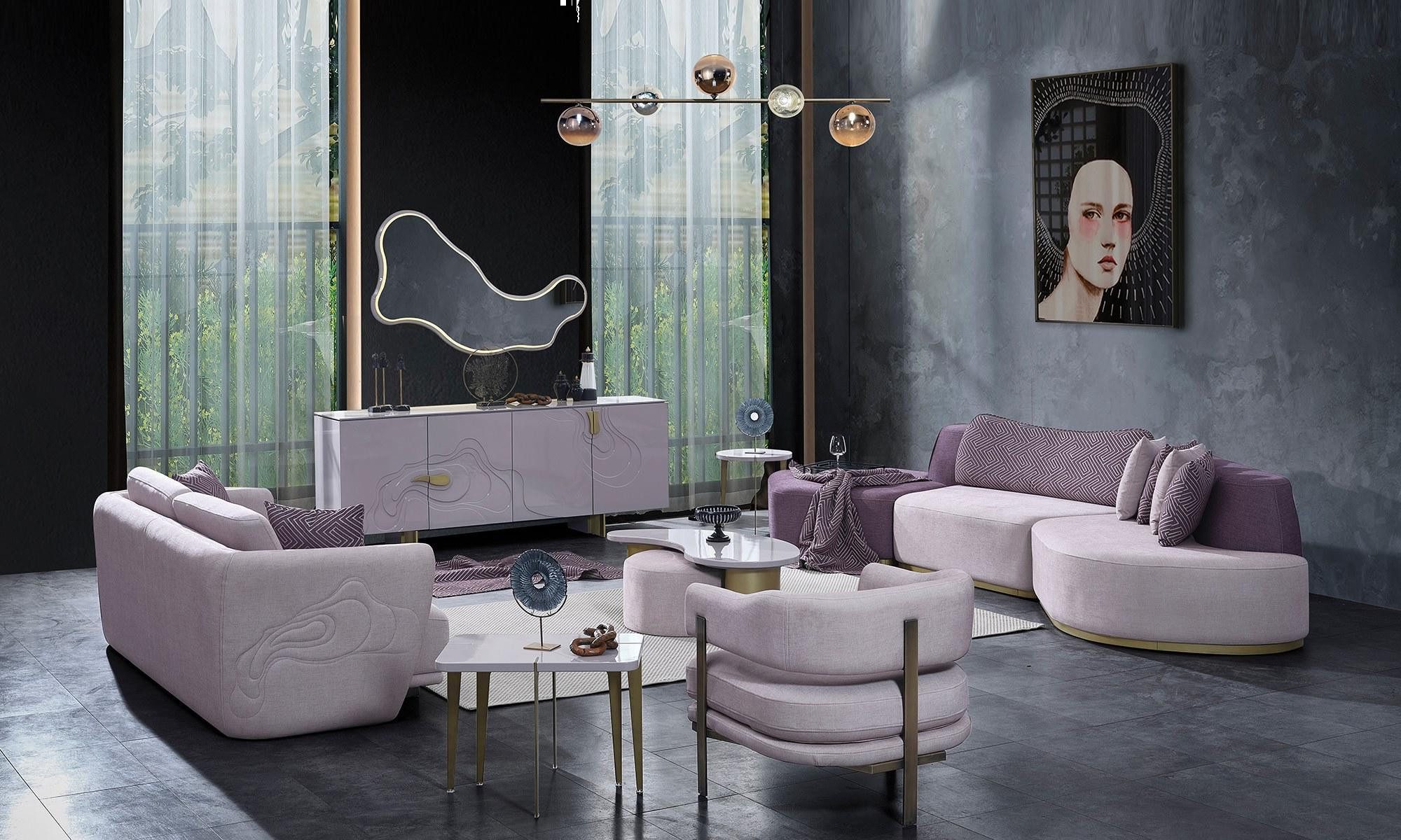 Xlmoebel Polstergarnitur Modernes Rosa Sofaset aus Stoff für stilvolles Wohnzimmer, (5-tlg., Wohnzimmer-Set 5tlg 7+3+Sessel+Couchtisch+Hocker ohne Sideboard), Hergestellt in Europa