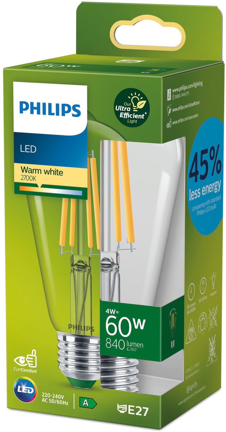 Philips Hue LED-Leuchtmittel Classic LED-A-Label Lampe 60W E27 klar warmweiß Edison, E27