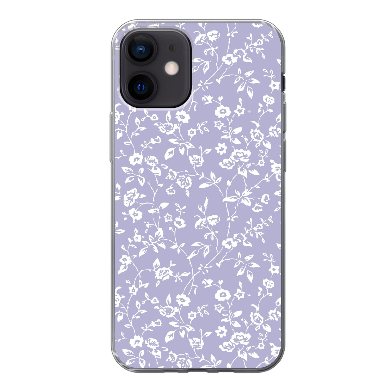 MuchoWow Handyhülle für Apple iPhone 12 Florales Muster - Lila - Weiß - Blumen, Smartphone-Bumper, Print, Handy Schutzhülle Dünn