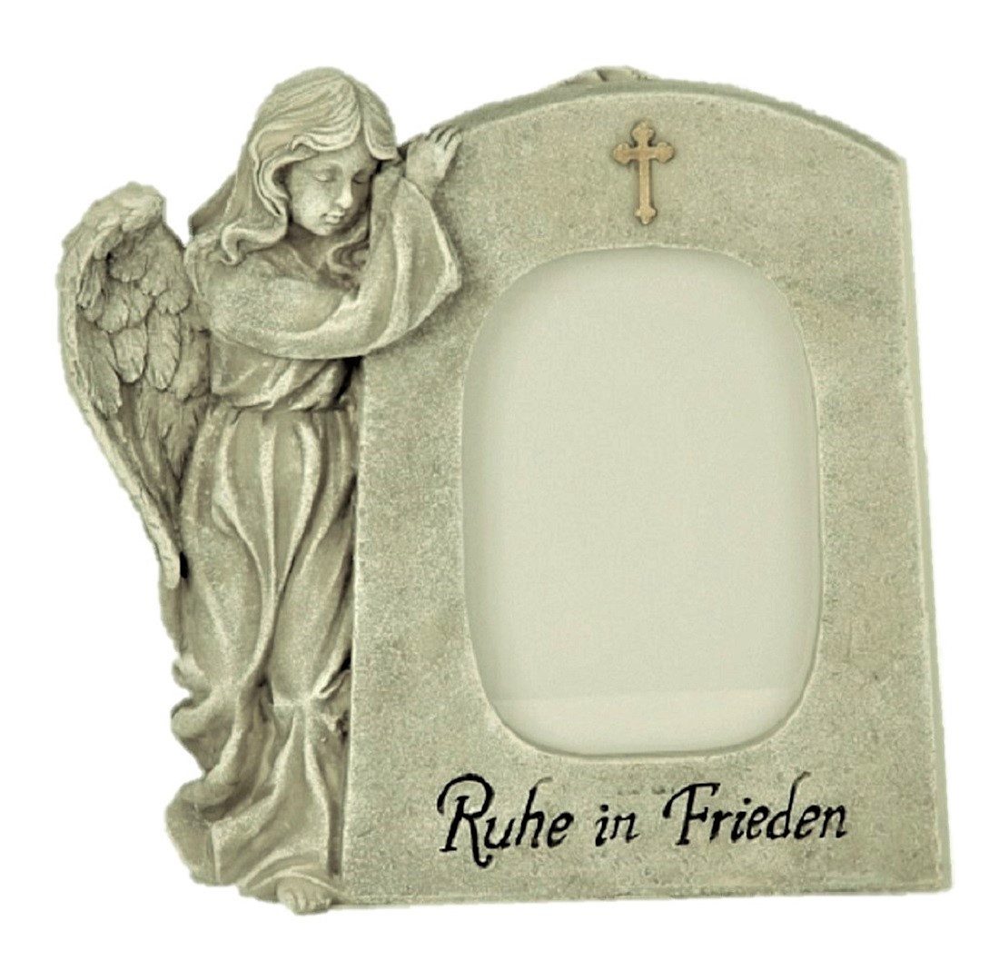 Geschenkestadl Engelfigur Grabschmuck Engel mit Bilderrahmen Ruhe in Frieden 21 cm wetterfest (Spar-Set, 1 St., 1 Engel mit Aufschrift und Bilderrahmen), Trauerengel mit Bild