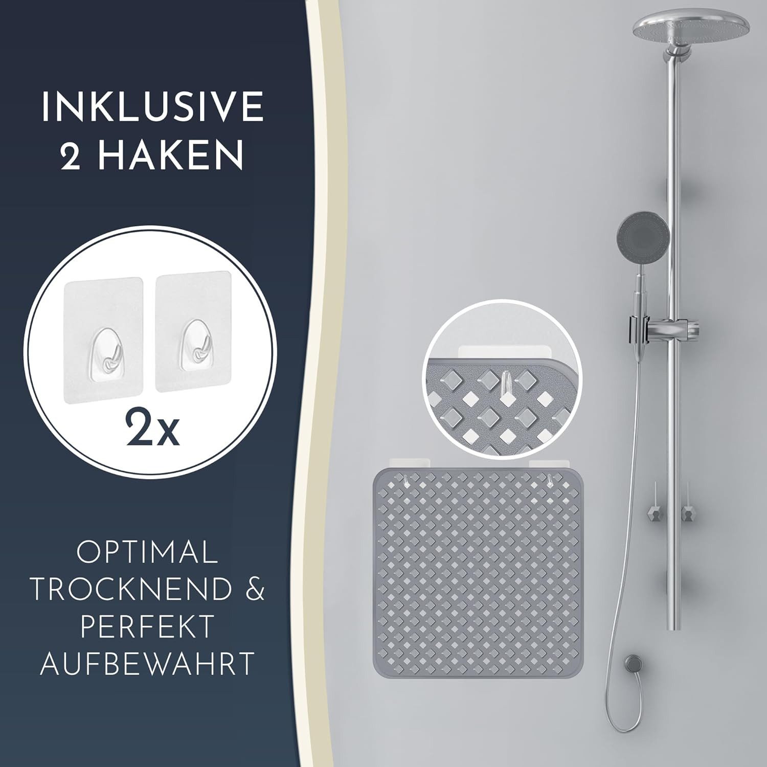 Homerella Duschmatte rutschfest - 100% BPA frei - Inkl. 2 Haken zum Aufhängen 53x53cm, Antirutschmatte Dusche hautsensitiv & schimmelresistent, - Duscheinlage m – Bild 3 von 5