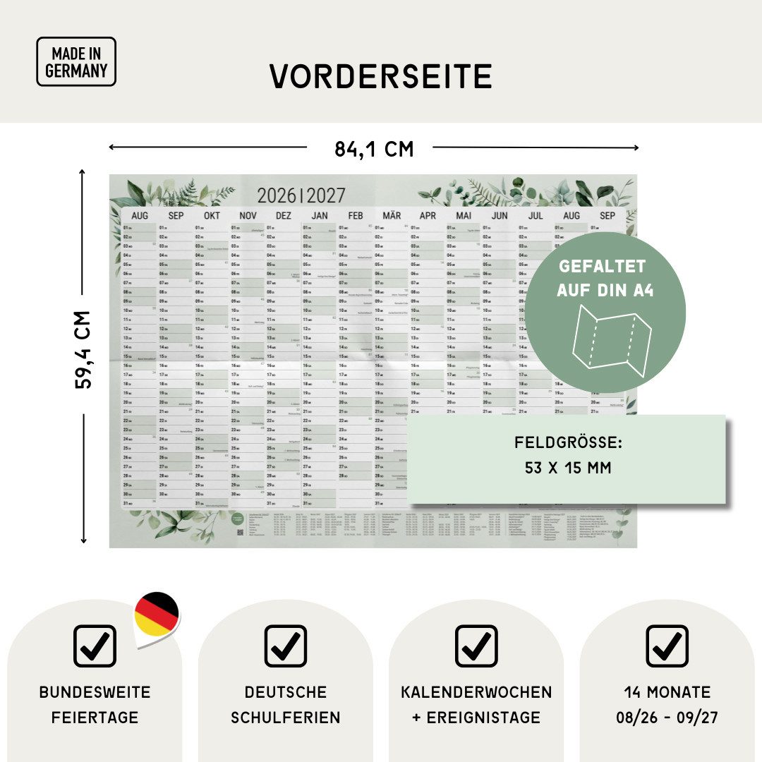 heaven+paper Jahresplaner A1 Schuljahresplaner 2025/2026 Green Querformat, hochwertig, Hergestellt in Deutschland