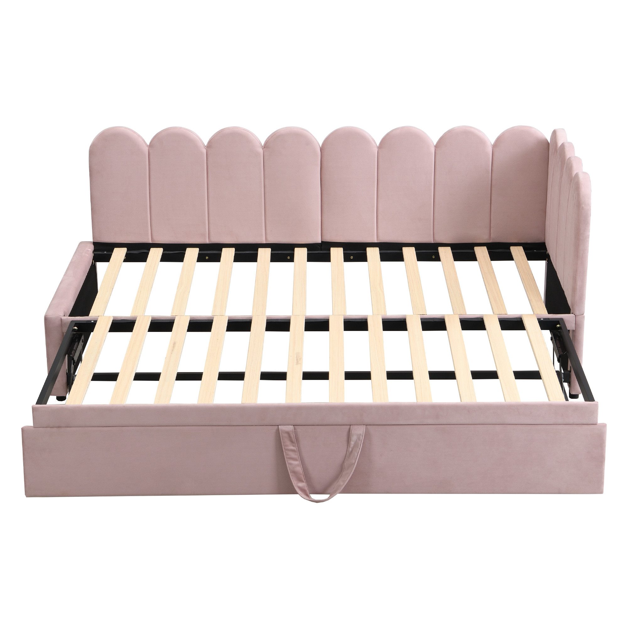Odikalo Schlafsofa 90x200 140x200 Schlafcouch Polsterbett Jugendbett Kinderbett, L-förmiges Polsterbett, Schlafsofa 90x200 / 140x200 cm mit geblümter Rückenlehne und Ausziehbett in beige / rosa Samtstoff
