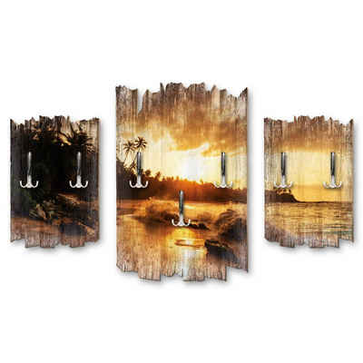Kreative Feder Wandgarderobe Strand Sonnenuntergang, Dreiteilige Wandgarderobe aus Holz