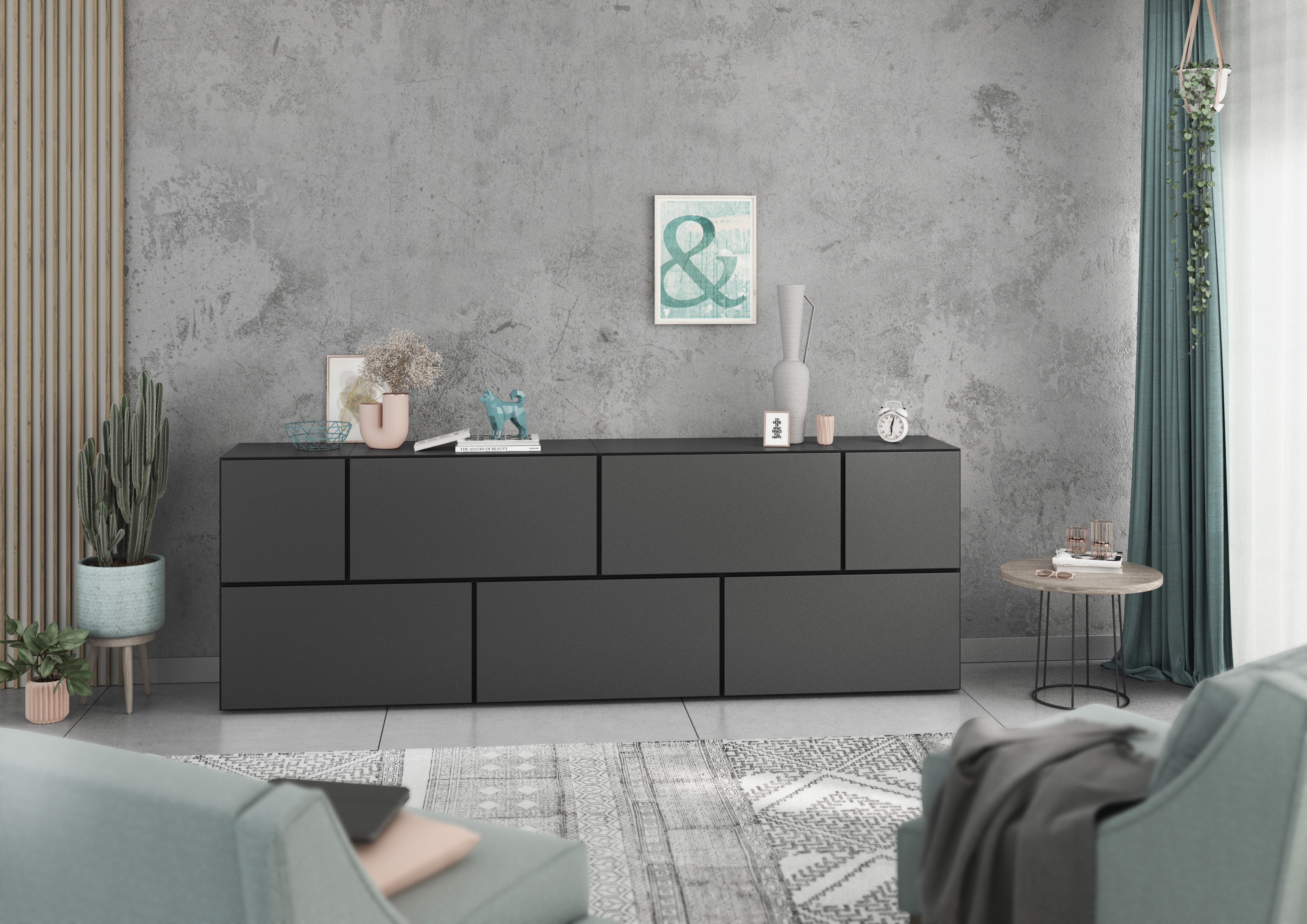 BMG Möbel Sideboard Modul+ (7-teilig, besteht aus 5x Schrank mit Klappe, 2x Schrank mit Tür), MDF Fronten tiefgezogen, Made in Germany