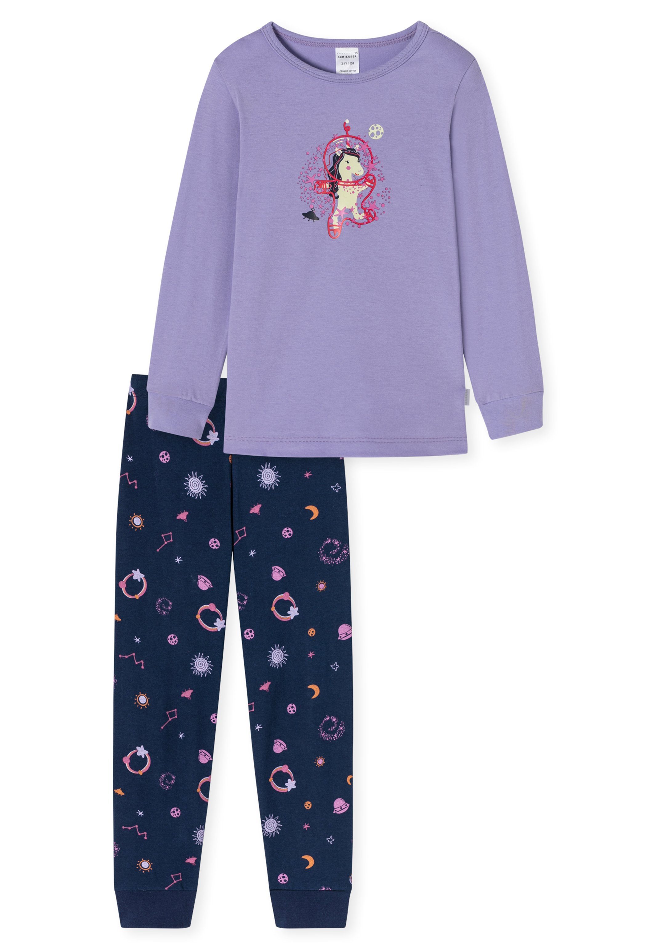 Schiesser Pyjama Girls World Organic Brust-Print (Set, Baumwolle - Schlafanzug Glow-in-the-Dark-Effekt tlg) mit - 2 Cotton