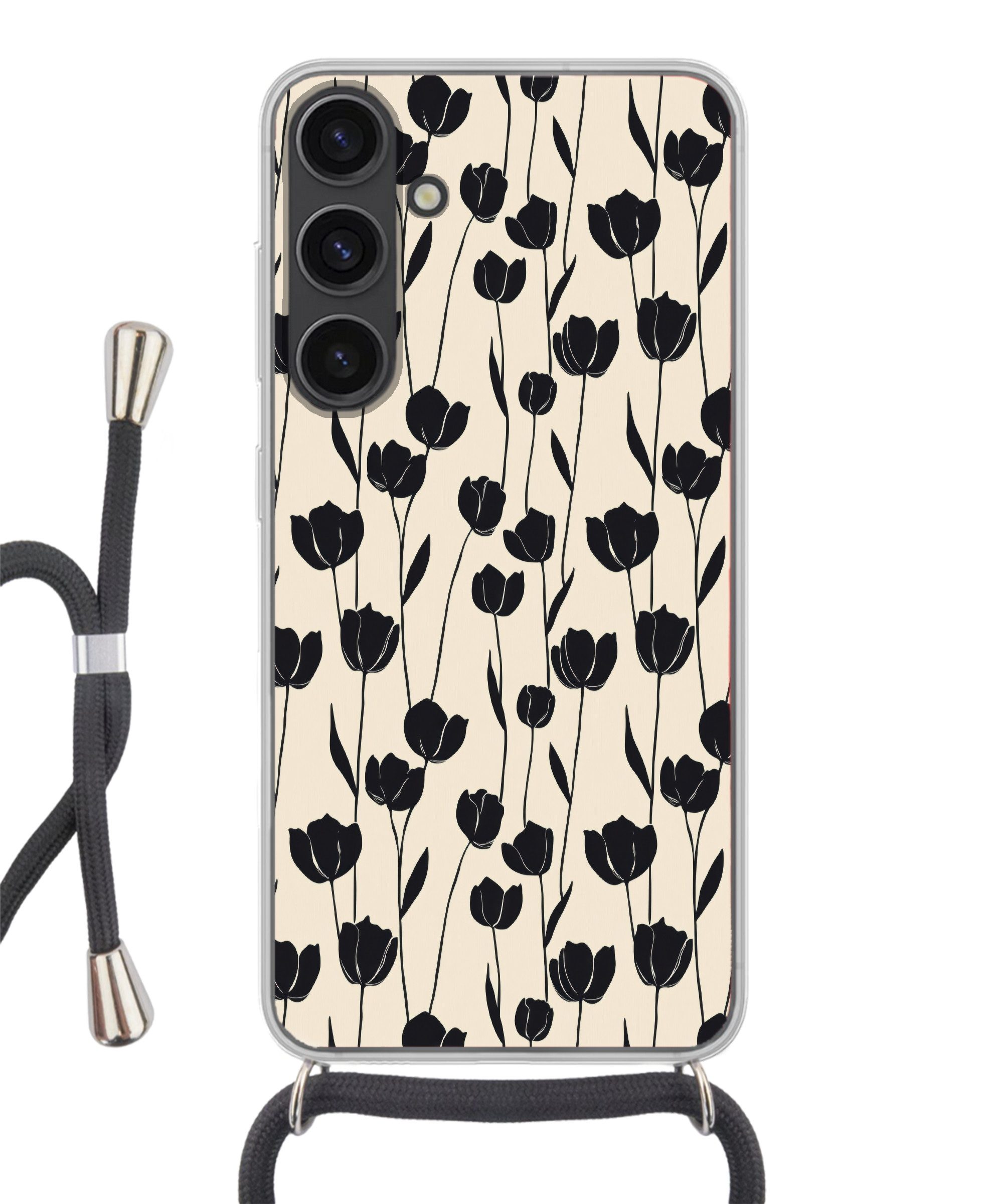 MuchoWow Handyhülle für Samsung Galaxy S24 Plus Tulpen - Muster - Schwarz, Tragbare Handyhüllen mit Kette zum umhängen, Handykette Handyband