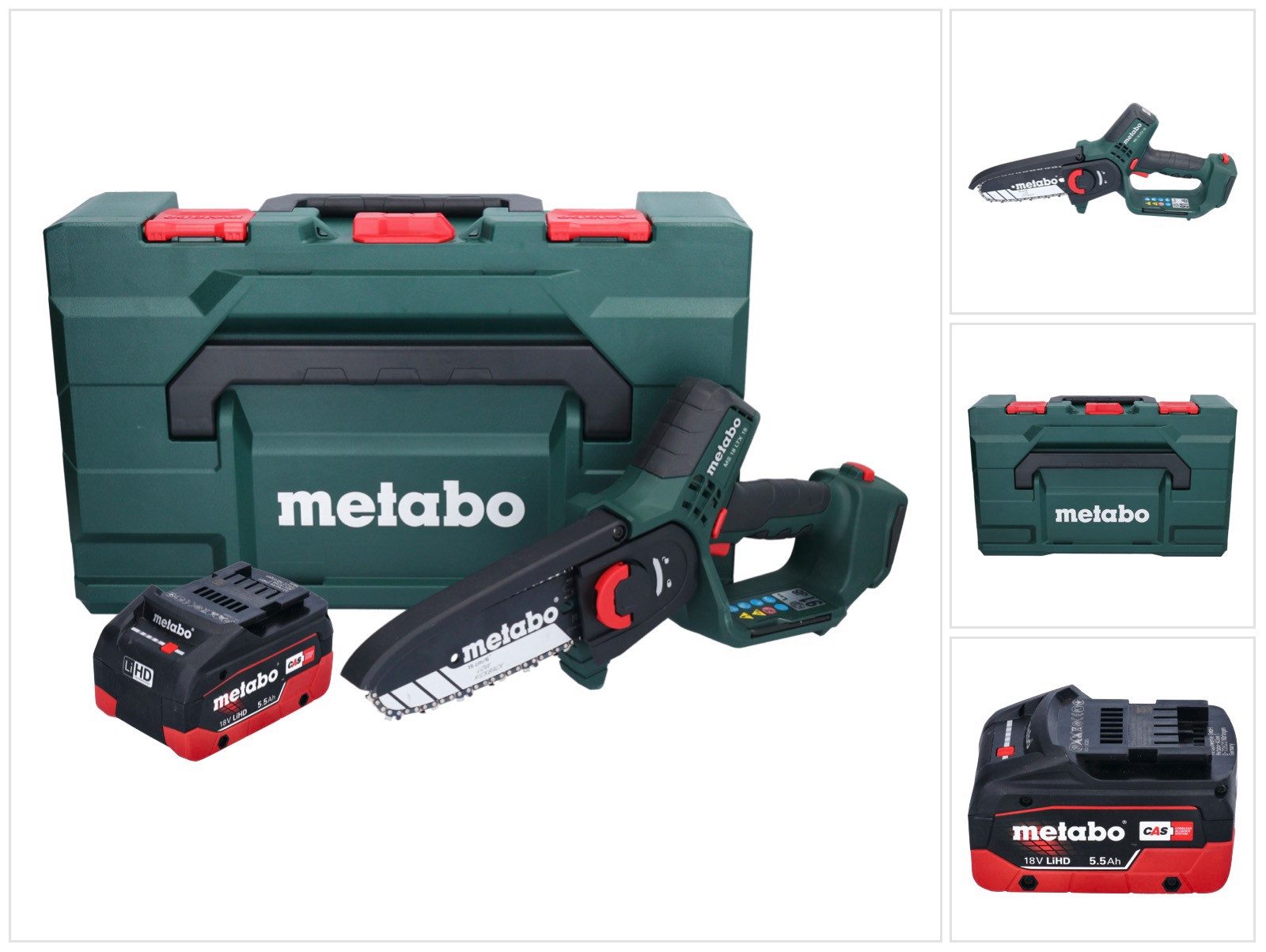 metabo Akku-Kettensäge MS 18 LTX 15 Akku Gehölzsäge 18 V 15 cm + 1x Akku 5,5 Ah + metaBOX
