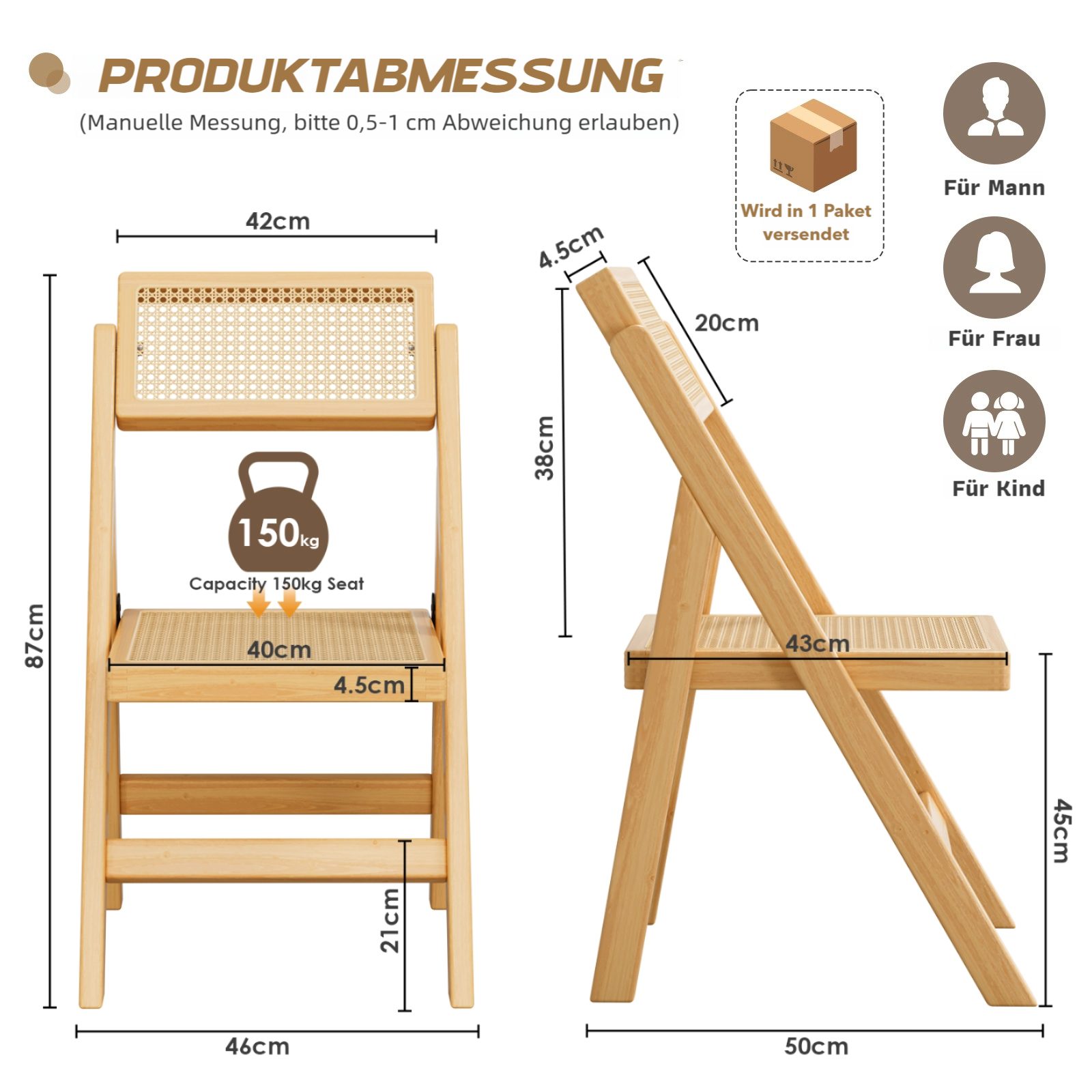 TLGREEN Klappstuhl aus Holz,Faltbar Esszimmerstuhl, (87x46x43cm Rattan Stuh günstig online kaufen