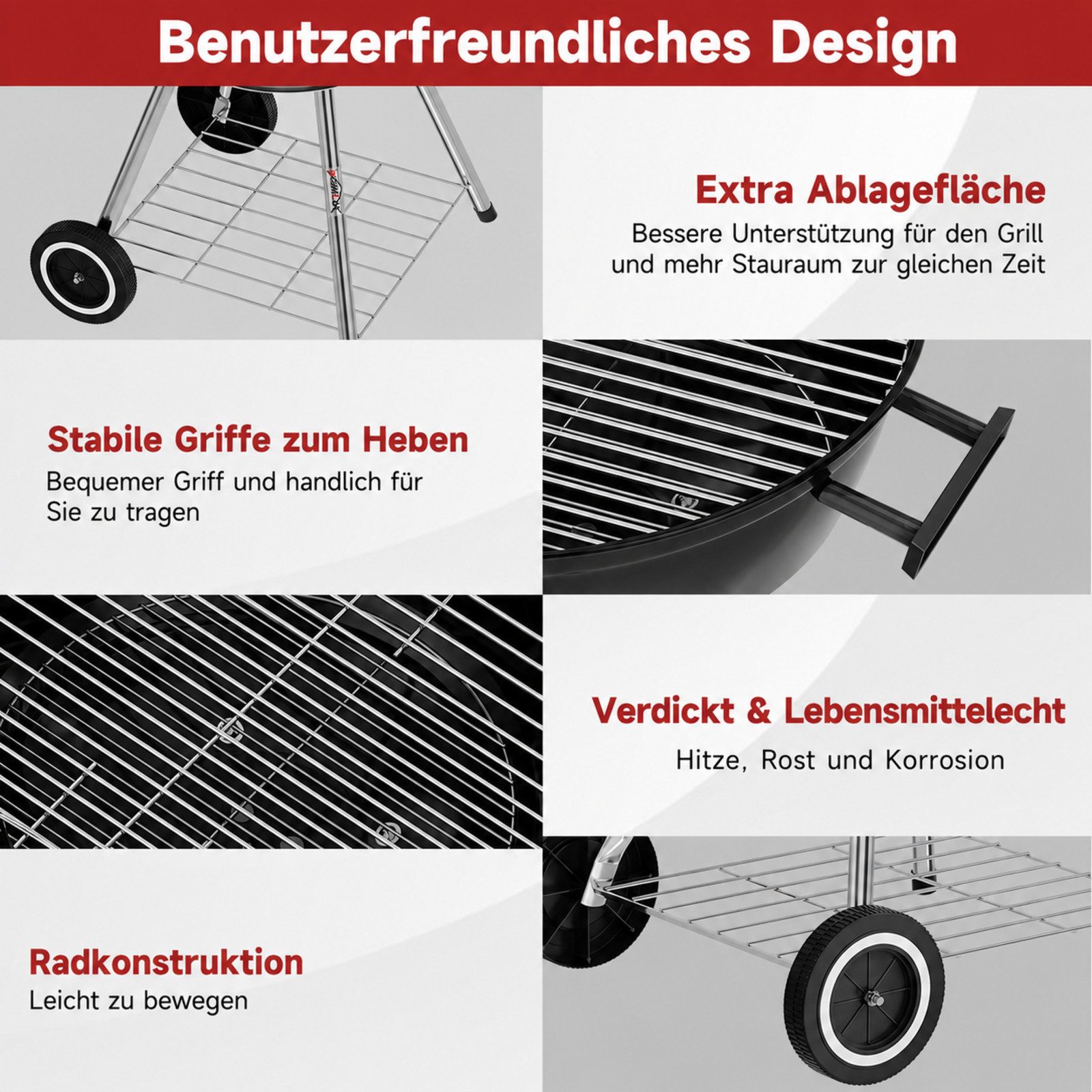 HOMELUX Holzkohlegrill Kugelgrill mit Deckel & Luftventilen, 44cm Grillfäche, BBQ Grill mit Einstellbarer Luftzufuhr & Ascheschale