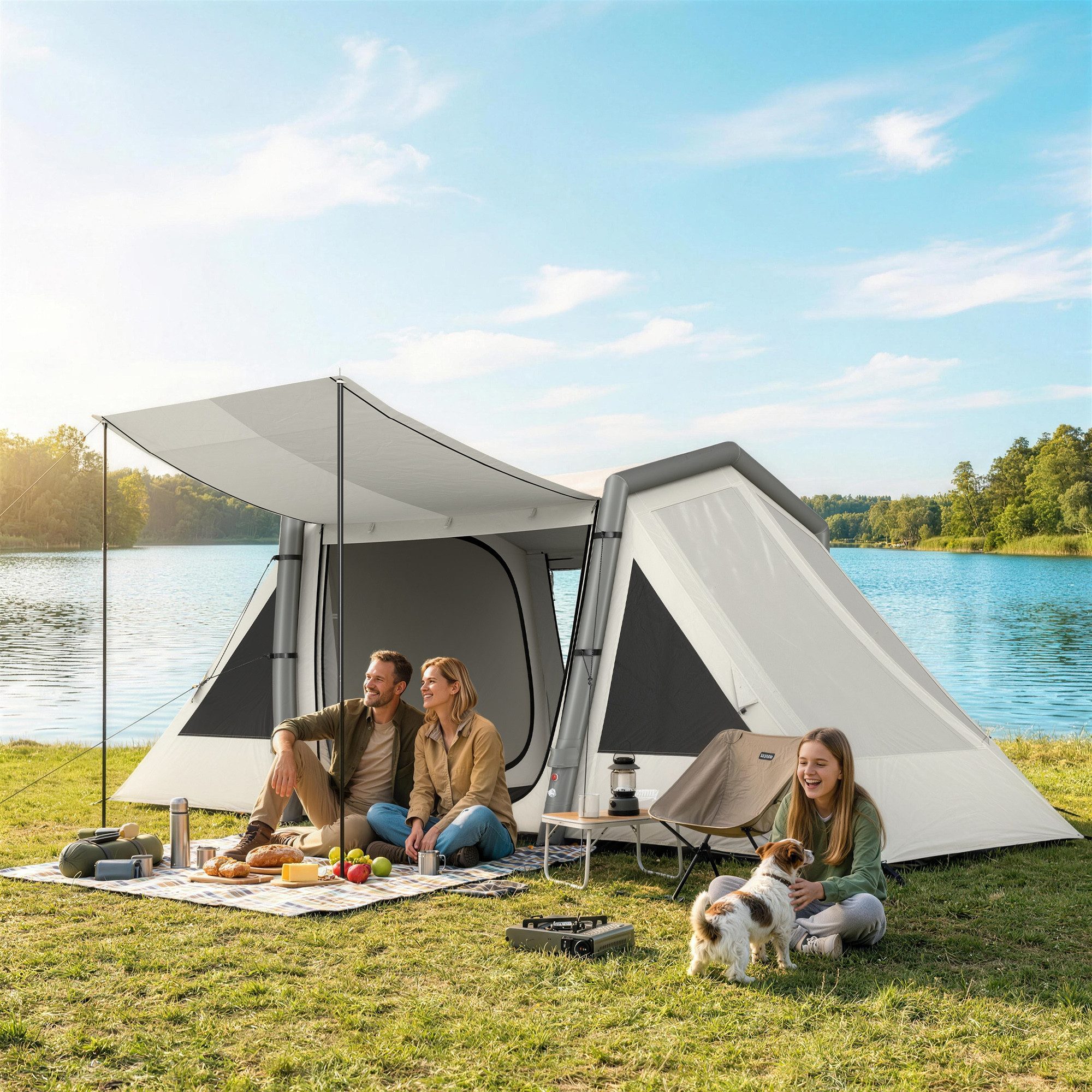Outsunny aufblasbares Zelt mit 2 Schlafzimmern, Vorraum, Fenster, fluoreszierend Heringen, Personen: 4 (Verdunkelnd Outdoor Zelt, 1 tlg., Wasserdicht Air Glamping Zelte), Schnellaufbau, aus Oxfordstoff