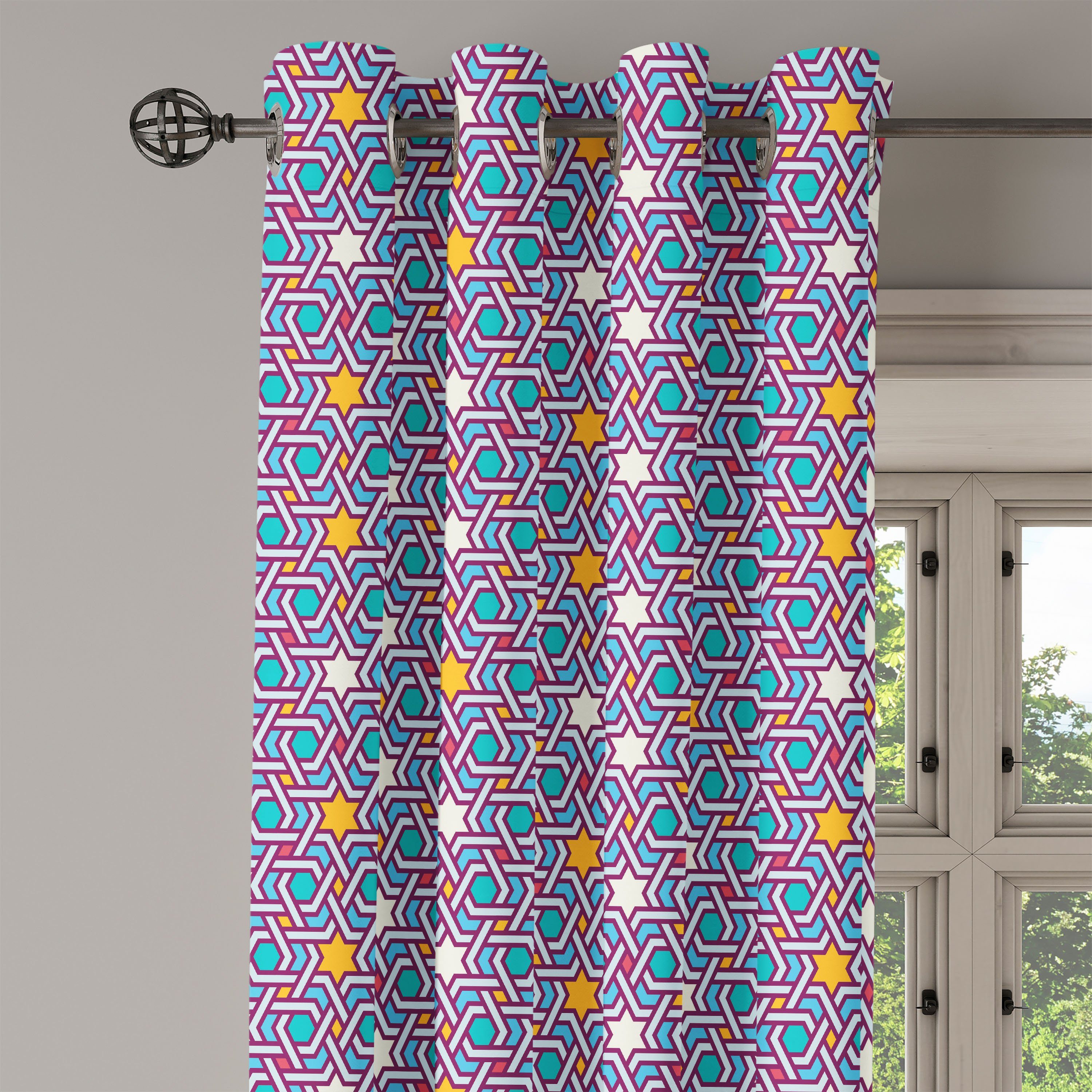 für Wohnzimmer, Bunt Gardine Schlafzimmer Linien Geometrische Dekorative Sterne Abakuhaus, 2-Panel-Fenstervorhänge