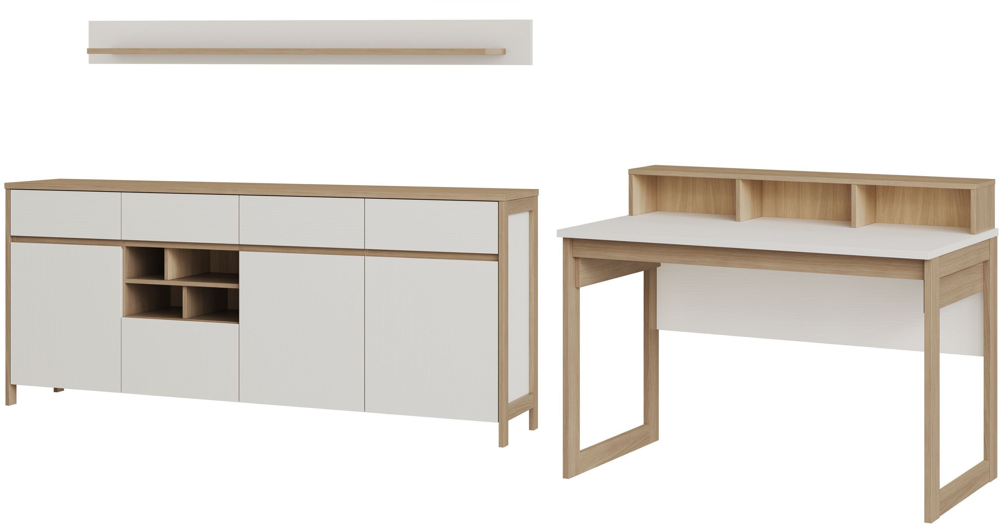 Home affaire Büromöbel-Set Stranda im Scandi-Style, Home Office, Büro in zwei Farben verfügbar, (3-tlg), enthält Schreibtisch, Sideboard und Wandboard