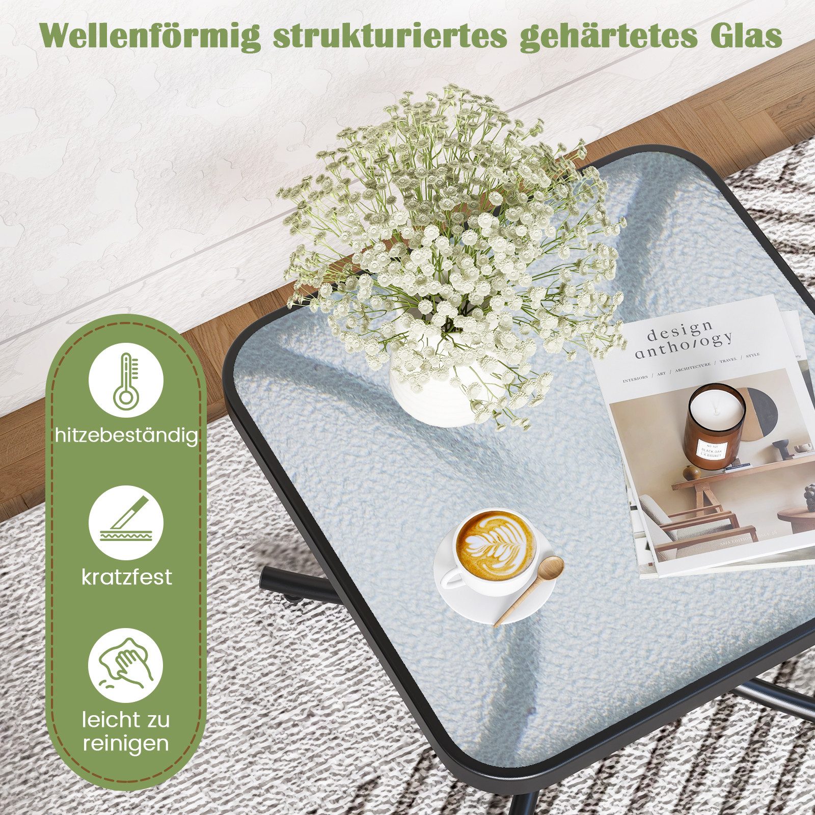 KOMFOTTEU Gartentisch, quadratischer Terrassentisch, mit robustem Metallrahmen