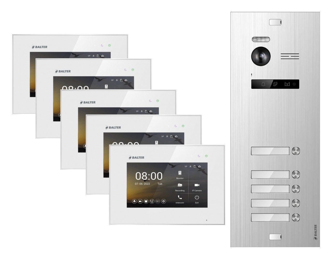 Balter Video-Türsprechanlage EVO-HD Komplettset 5-Familie Silber 5x 7" Monitor Weiß (Set, 5-Familienhaus, Komplettset, FullHD Kamera)