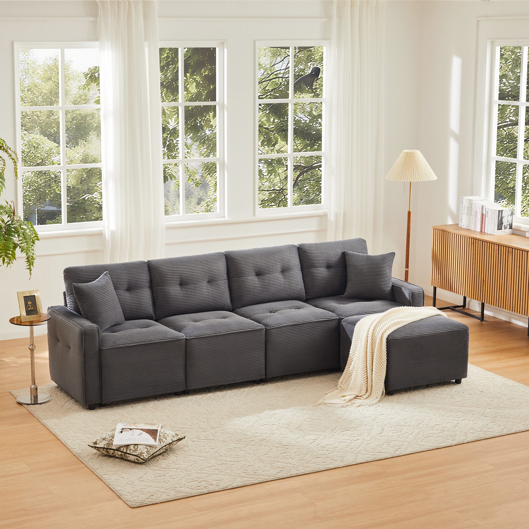 Odikalo Sofa 4-Sitzer Corduroy Sofa mit Schlaffunktion Stauraum & Hocker, mit Stauraum unter den Sitzflächen, inklusive eines frei platzierbaren Hockers. Farbe: Beige / Grau, Maße: B280 x T146 x H85 cm