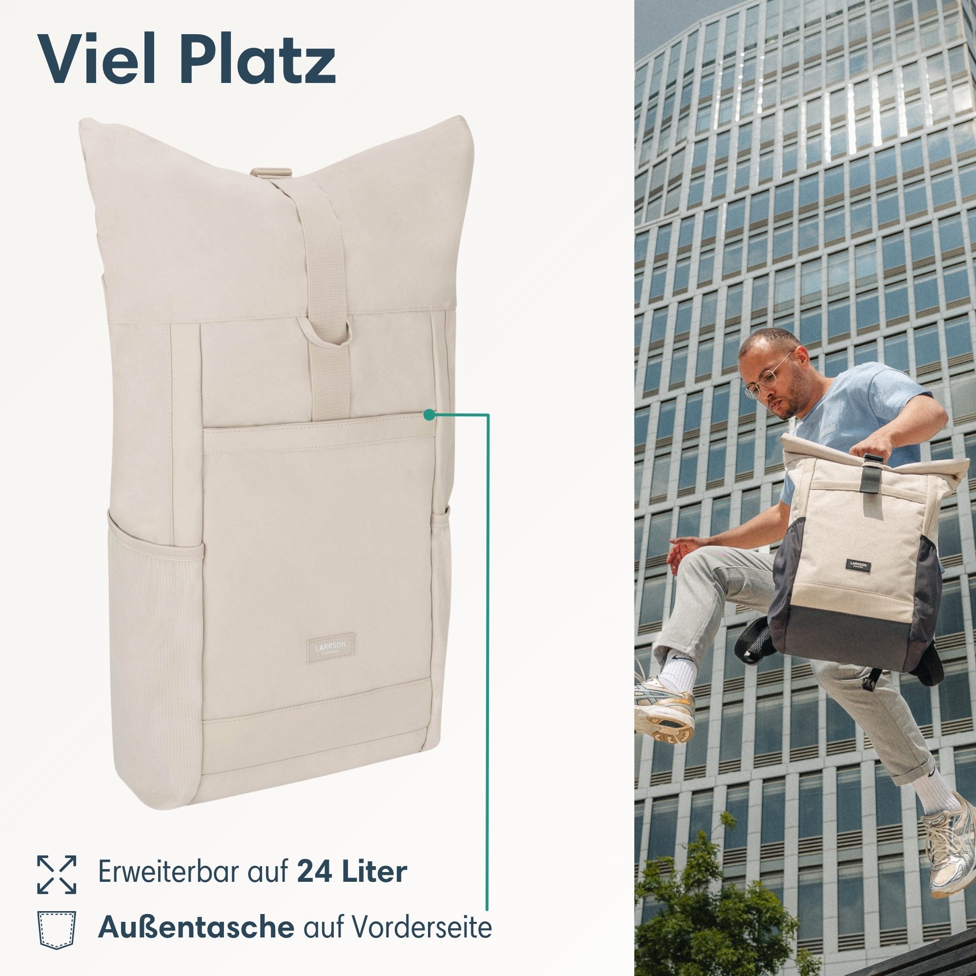 LARKSON Cityrucksack No 2, Rolltop Damen Herren, Laptop Fach (1-tlg), Wasserabweisend