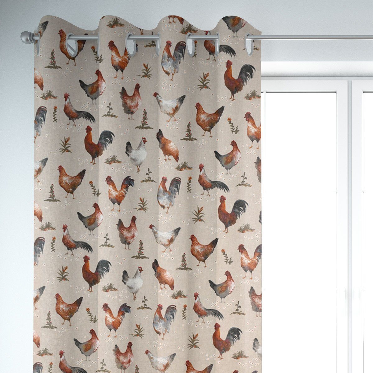 SCHÖNER LEBEN. Vorhang Gardine Chicken Farm Hühner natur braun 245cm, Ösen, blickdicht, Baumwolle, made in Germany,handmade,vorgewaschen