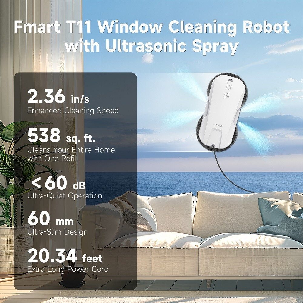 Fmart Fenstersauger T11, 5300 Pa Saugkraft, mit 100ml Wassertank und 4m Sicherheitsseil, 4-Wege-Ultraschallspray, intelligenter Navigation, Fernbedienung.