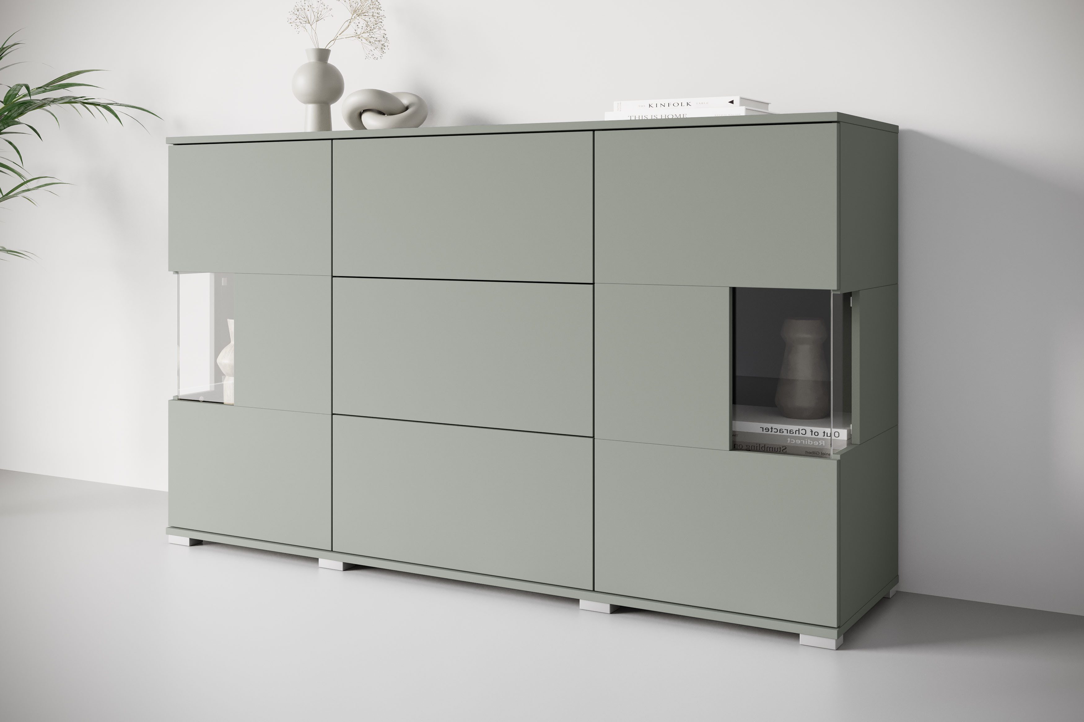 OTTO home Sideboard Kenia (1 St), Sideboard mit 3 Schubladen, 6 Fächern, Glastüren, Breite 150 cm