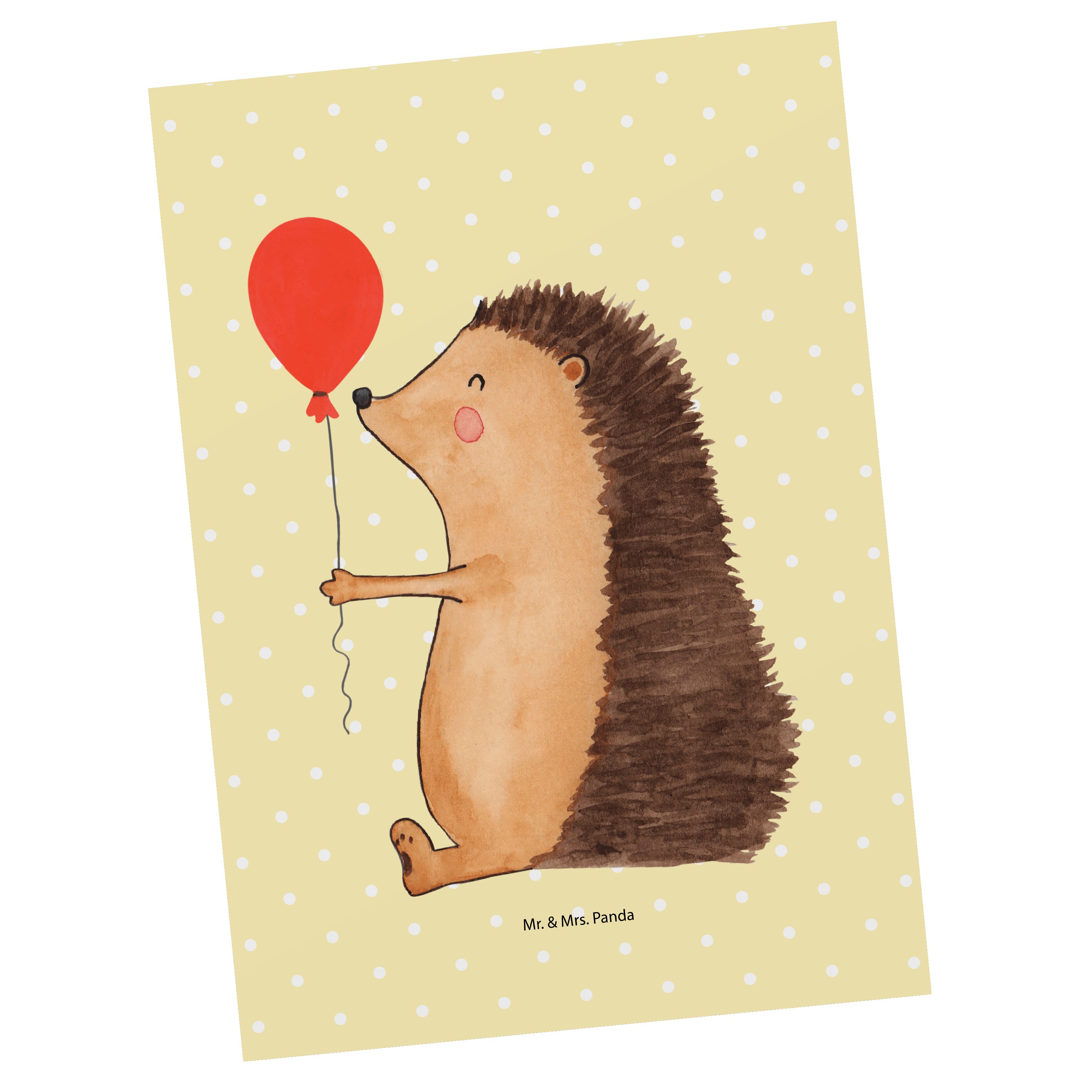 Mr. & Mrs. Panda Postkarte Igel mit Luftballon - Gelb Pastell - Geschenk, Tiere, Dankeskarte, Ei