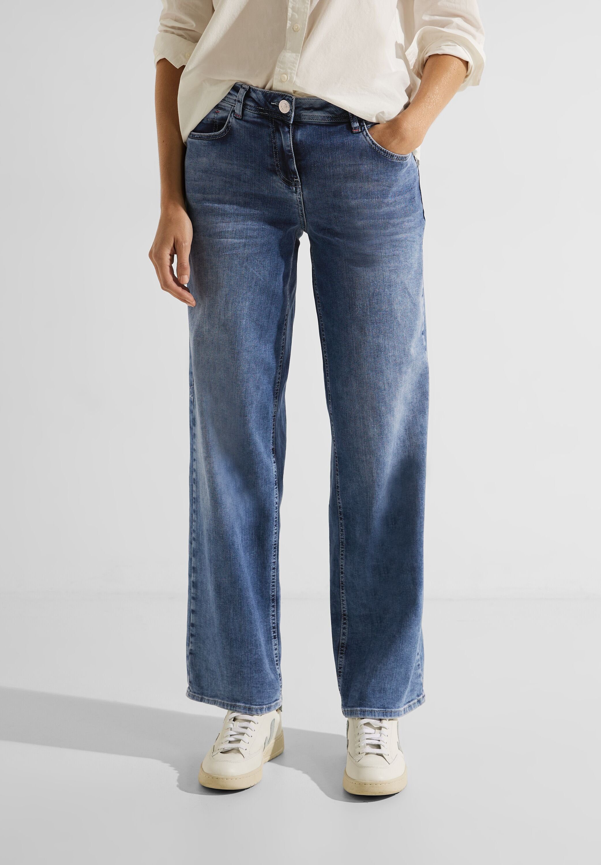 Cecil Bequeme Jeans Cecil Loose Jeans in Taschen Wash Mid Blue Fit (1-tlg)