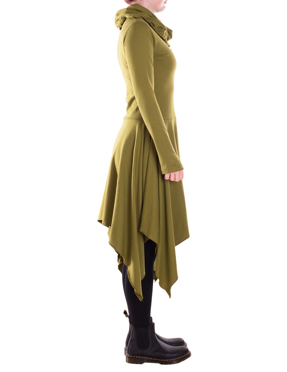 Vishes Zipfelkleid Damen Wadenlanges Kleid Baumwolle asymmetrisch Schalkragen mit Taschen Alternative Bekleidung, Ethno, Hippie, Retro Style