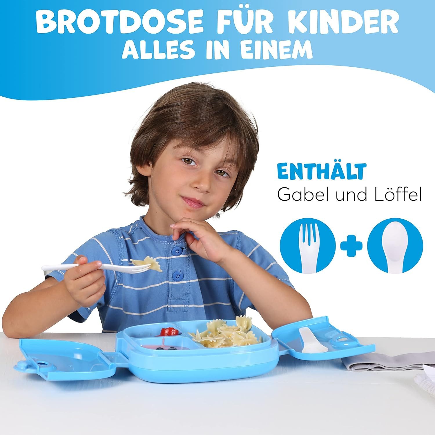 UMAMI Lunchbox Kids - mit Besteck, auslaufsicher, langlebig, Bento-Stil, (Kita-Jungen und Mädchen,BPA-frei, mikrowellen- und spülmaschinenfest), 3 große Fächer,ideale Portionsgrößen für 3 bis 9 Jahre