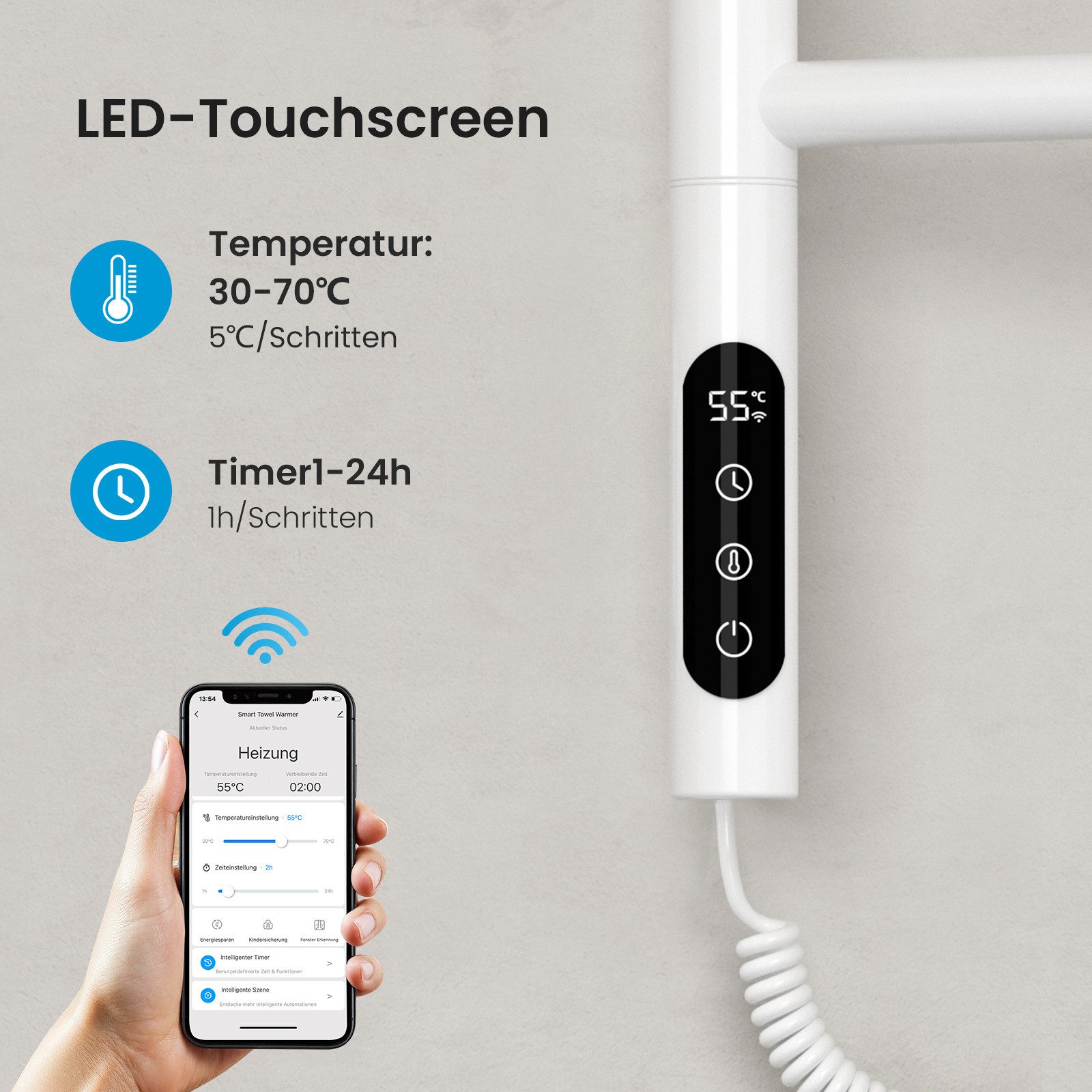 MEYKOERS Heizkörper Elektrischer Handtuchtrockner Drehbaren Heizarmen mit Smart-Steuerung, 180° schwenkbar, 135W, Kohlefaser-Heiztechnologie