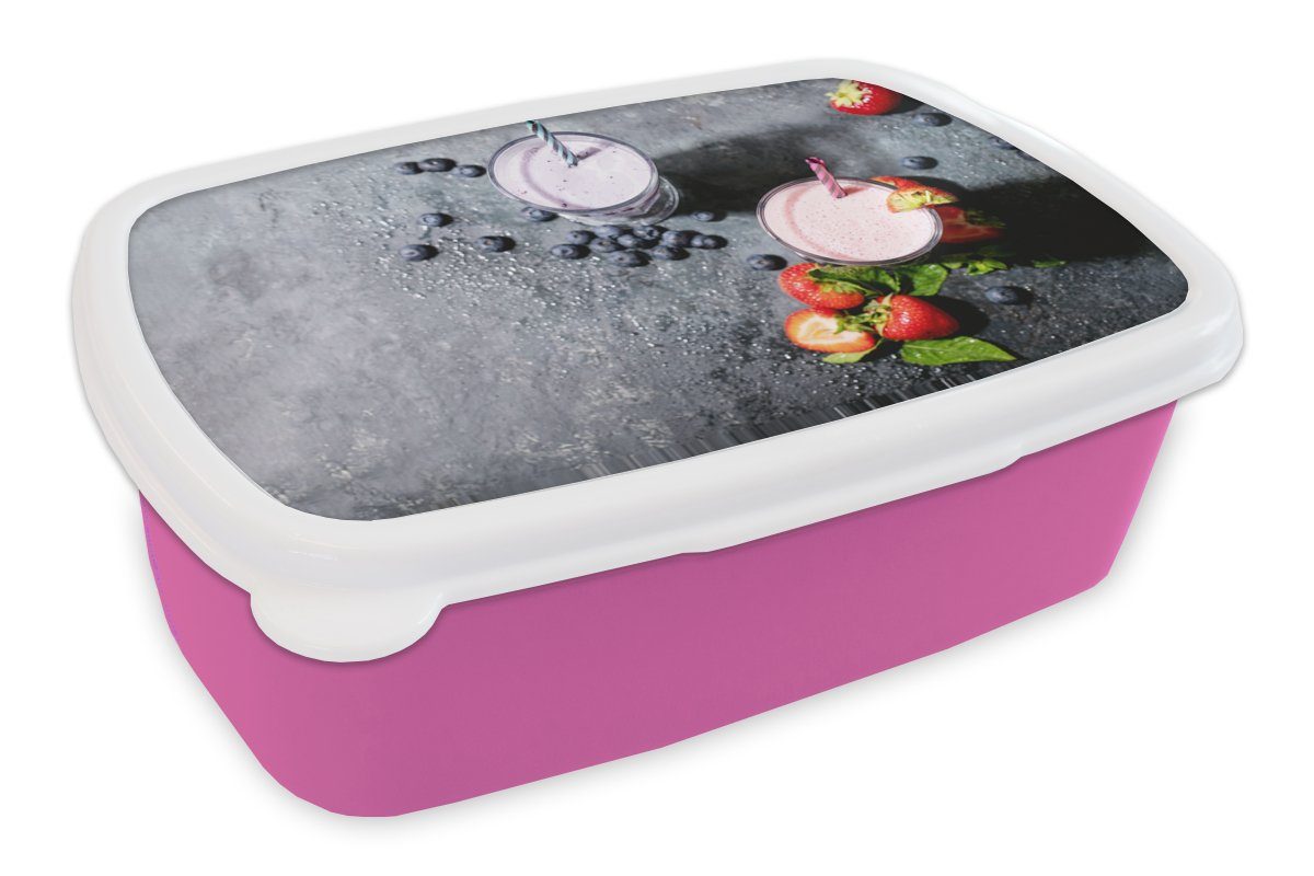 MuchoWow Lunchbox Smoothie - Obst - Erdbeere - Beere - Marmor, Kunststoff, (2-tlg), Brotbox für Erwachsene, Brotdose Kinder, Snackbox, Mädchen, Kunststoff rosa