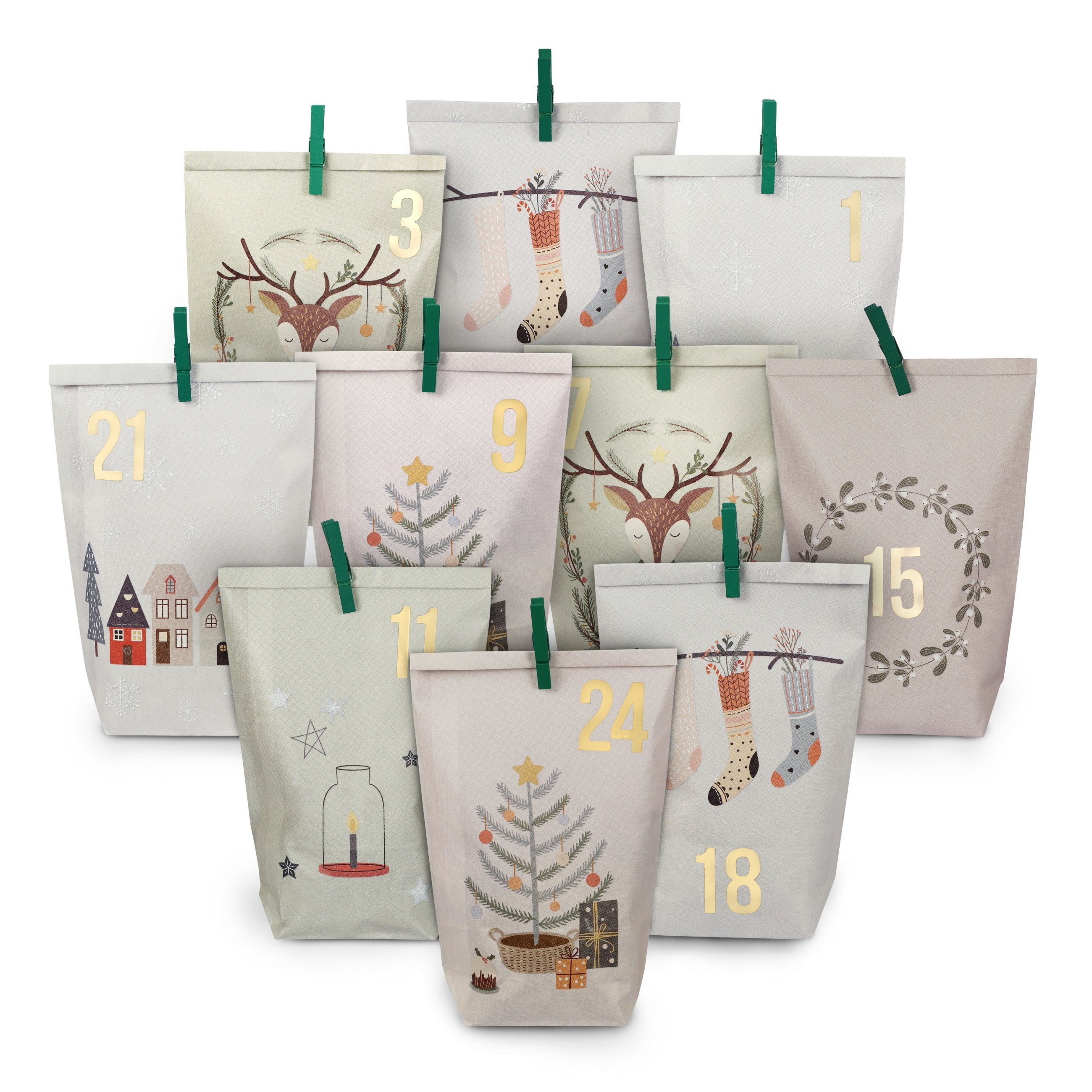 PAPIERDRACHEN befüllbarer Adventskalender Adventskalender - 24 Geschenktüten mit Zahlenaufkleber & Klammern