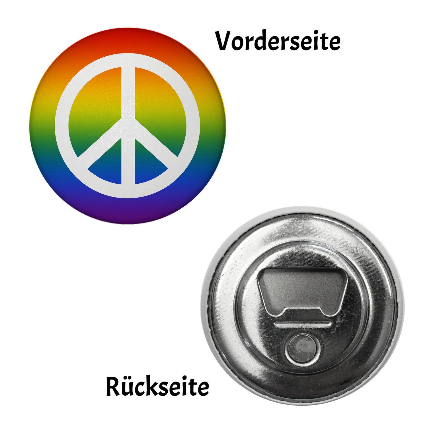 speecheese Magnet Regenbogenflagge und Peacezeichen Magnet rund mit Flaschenöffner